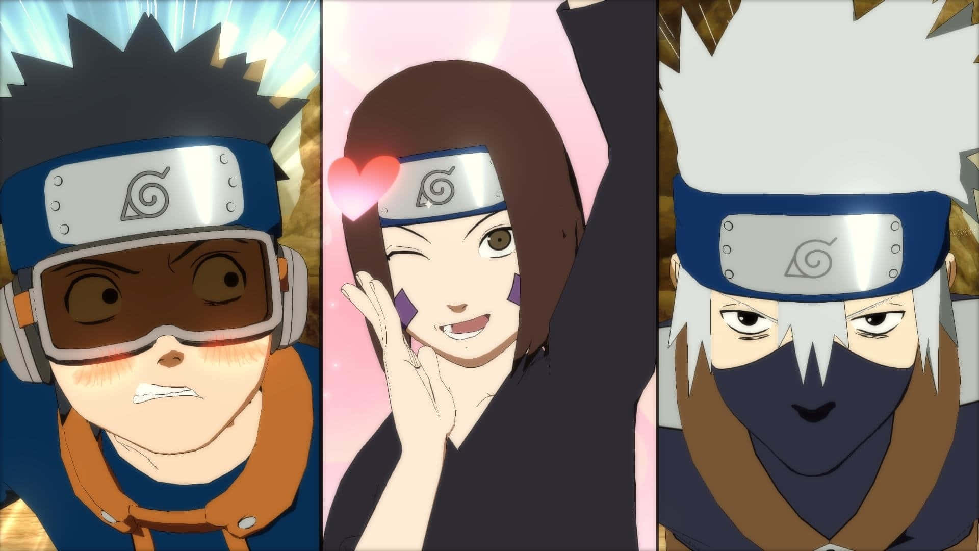 Kakashi And Rin 桌布 壁紙 — 三個來自《火影忍者》的動漫角色在鮮豔背景前佩戴帶有螺旋符號的頭帶。