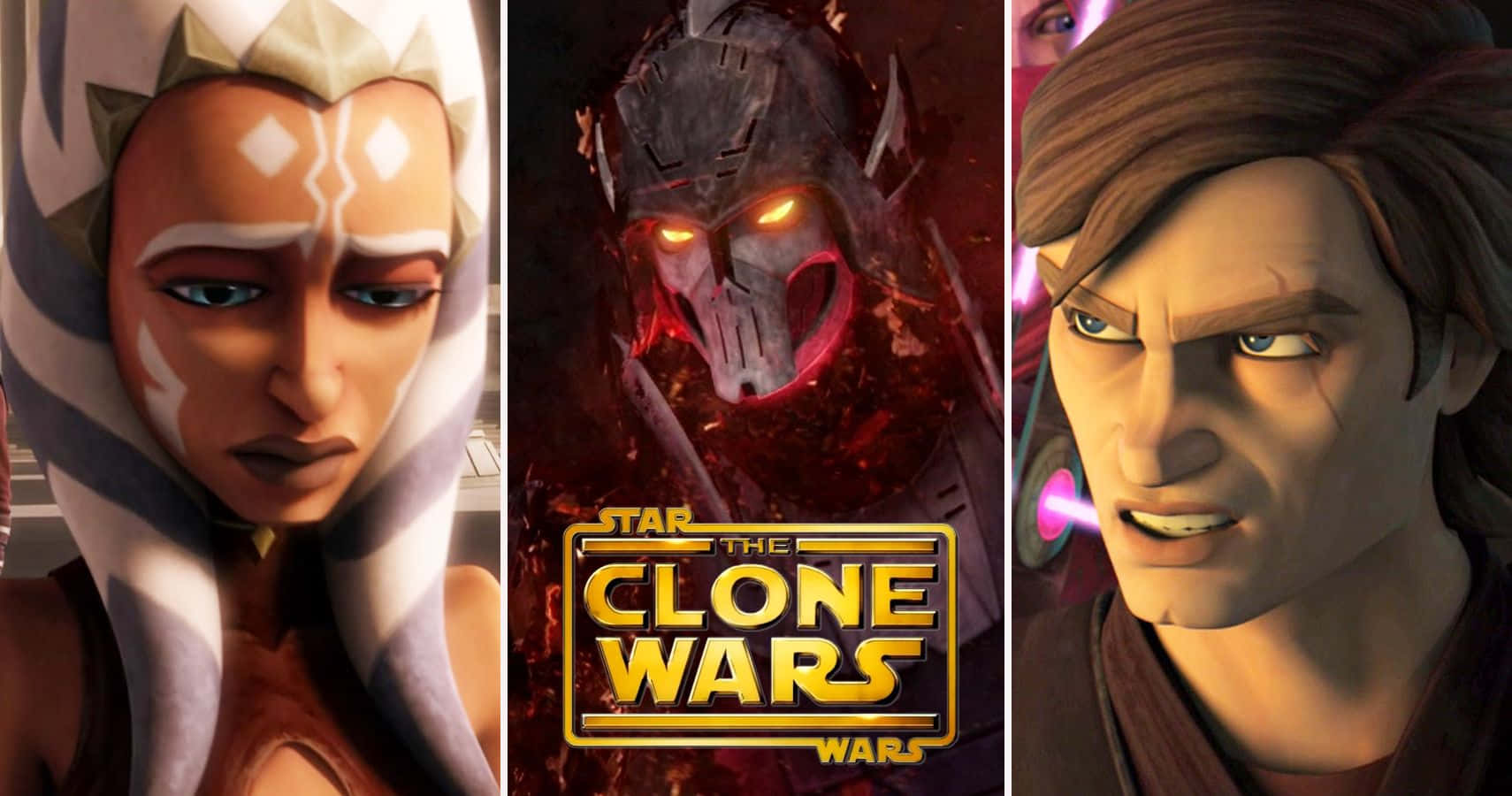 The Clone Army 桌布 壁紙 — 三個來自《複製人之戰》的動畫星際大戰角色，表情強烈，燈光戲劇化。