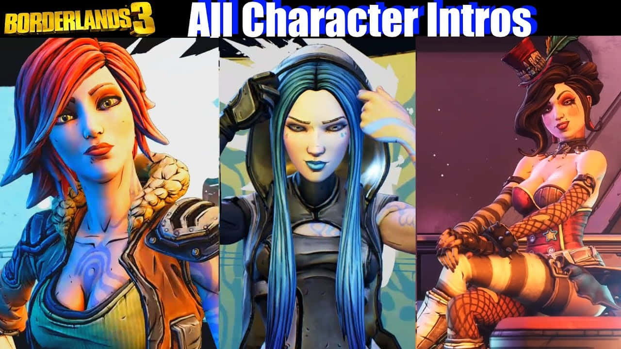 Borderlands Characters 桌布 壁紙 — 三個來自《邊緣禁地3》的風格化女性角色在充滿活力、細節豐富的遊戲藝術中自信地擺姿勢，帶有粗線條和飽和色彩。