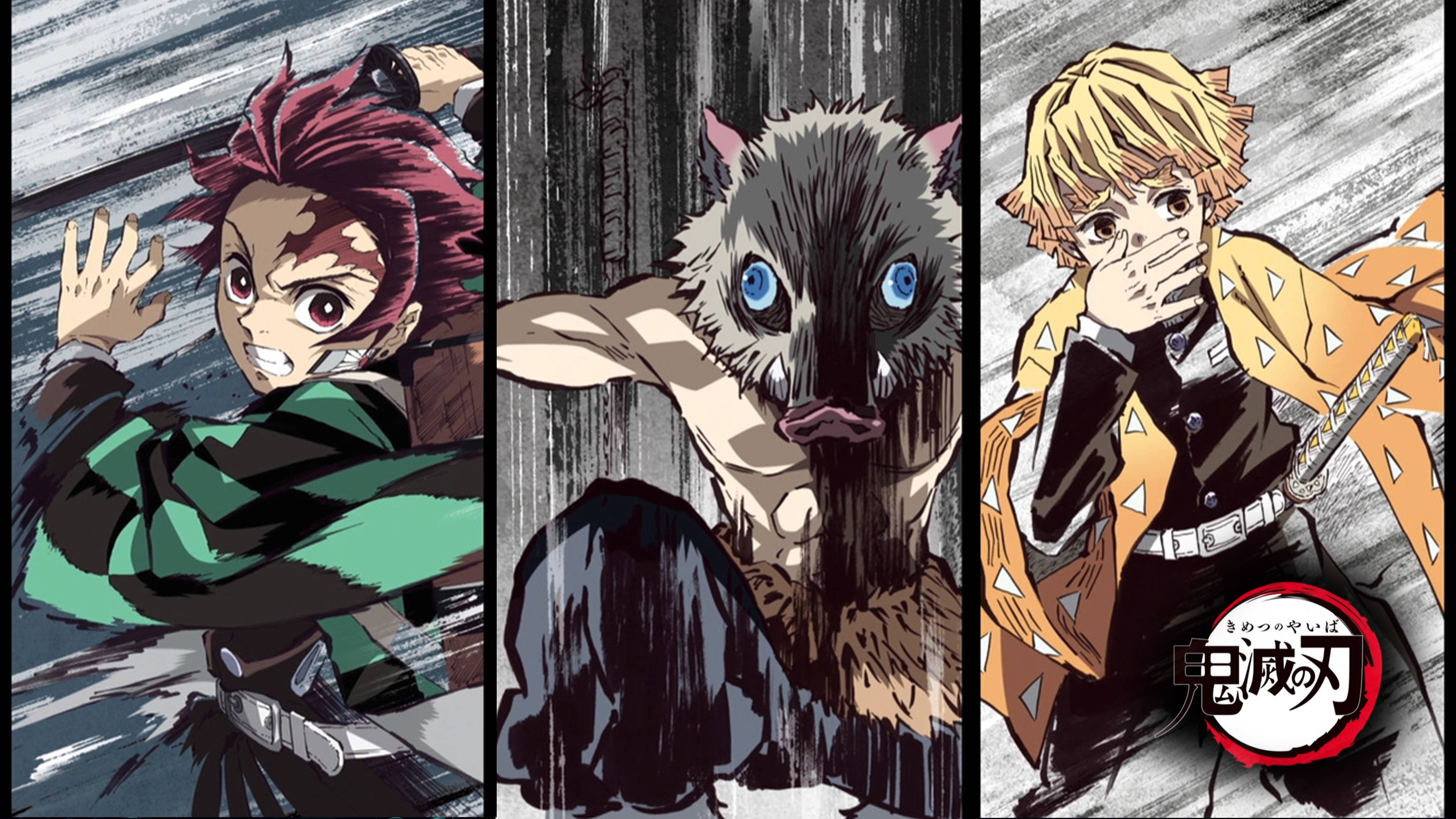 Demon Slayer 4K Dramatic 壁紙 — 三個來自《鬼滅之刃》的動漫角色，在粗糙背景前擺出動態動作姿勢。