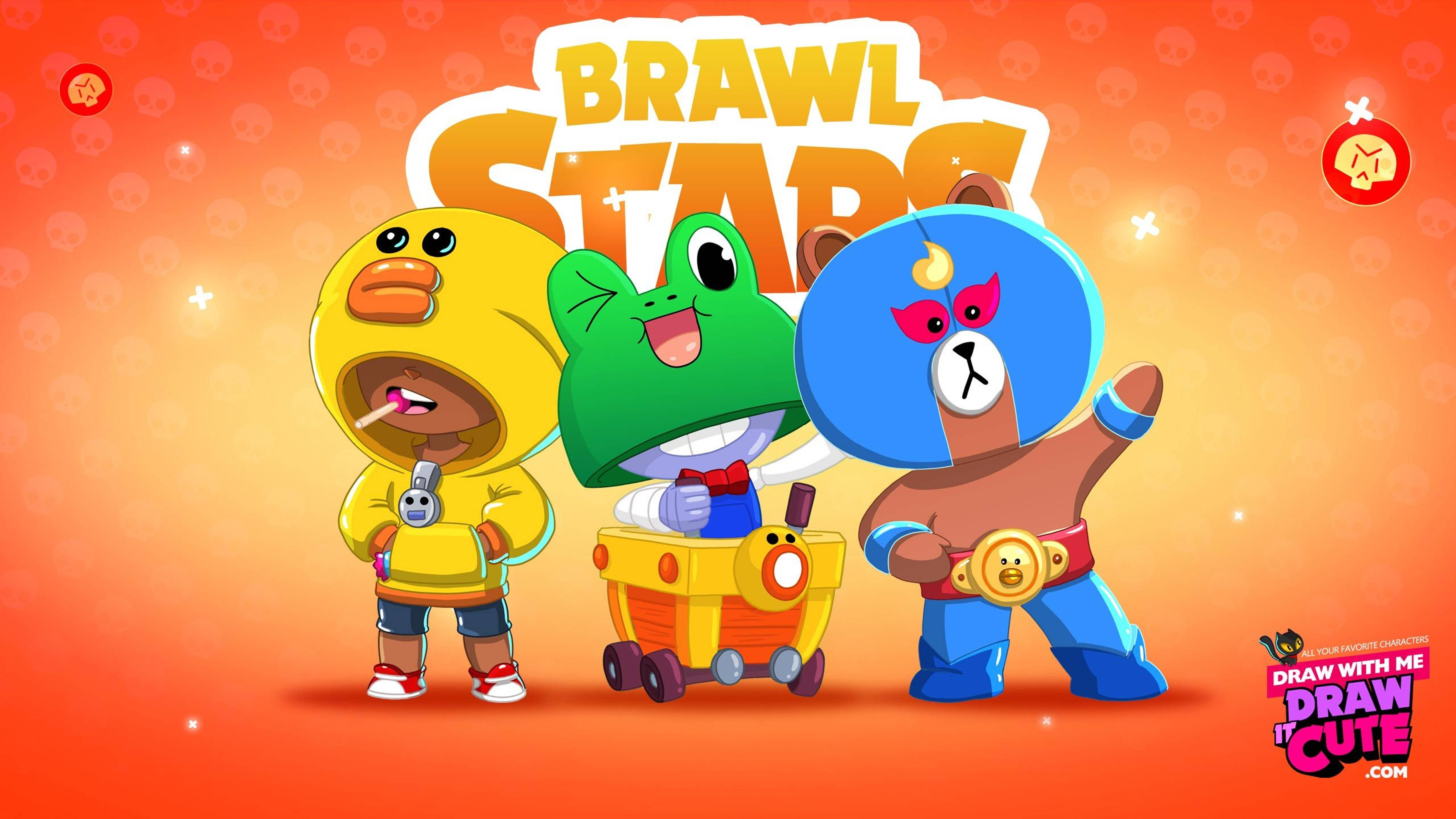 Brawl Stars 桌布 壁紙 — 三個來自Brawl Stars的開心卡通角色，站在充滿活力的橙色漸變背景前，帶有閃光效果。