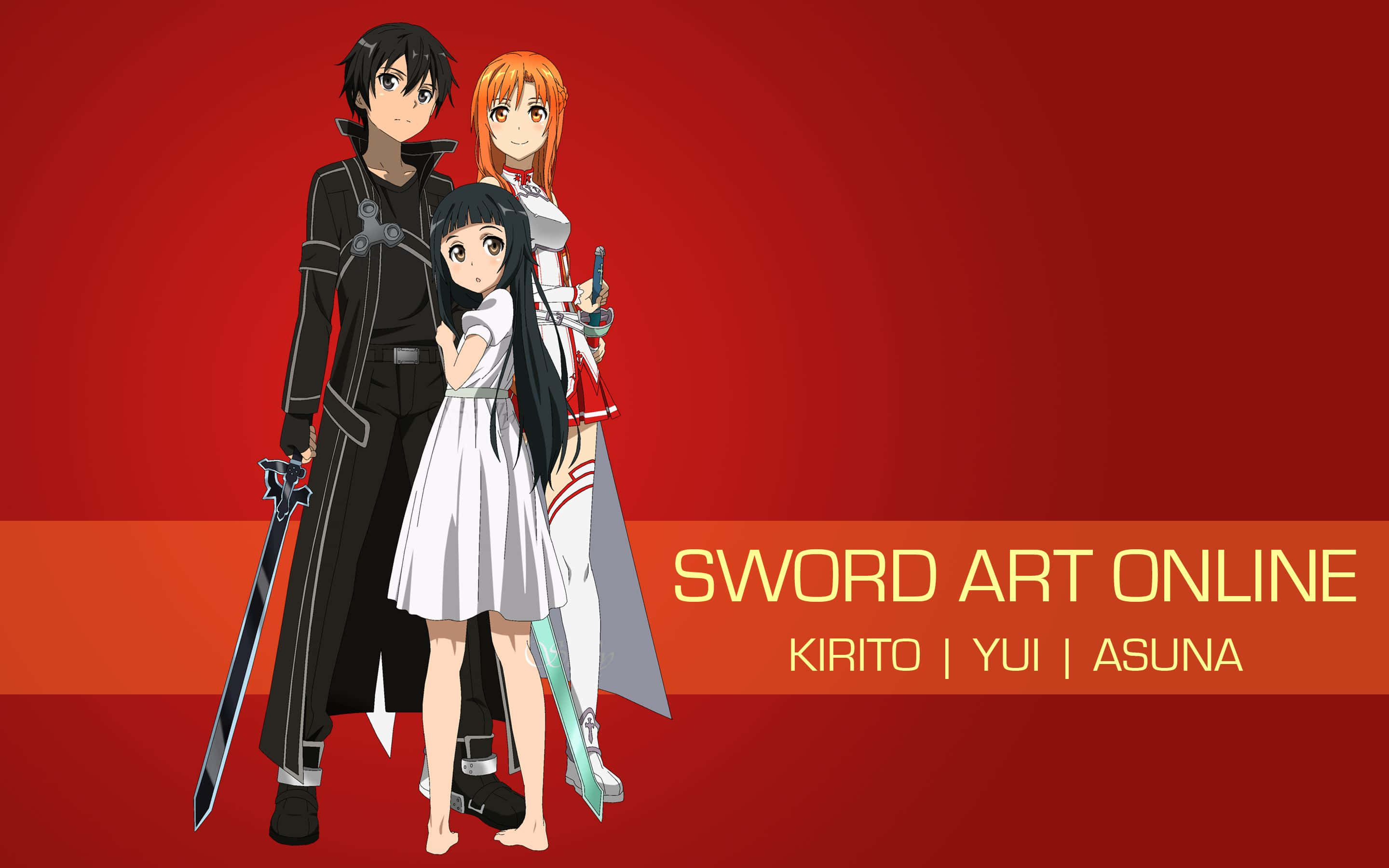Kazuto Kirigaya 桌布 壁紙 — 三個來自刀劍神域的動漫角色站在大膽的紅色漸變背景前，帶有標題文字。
