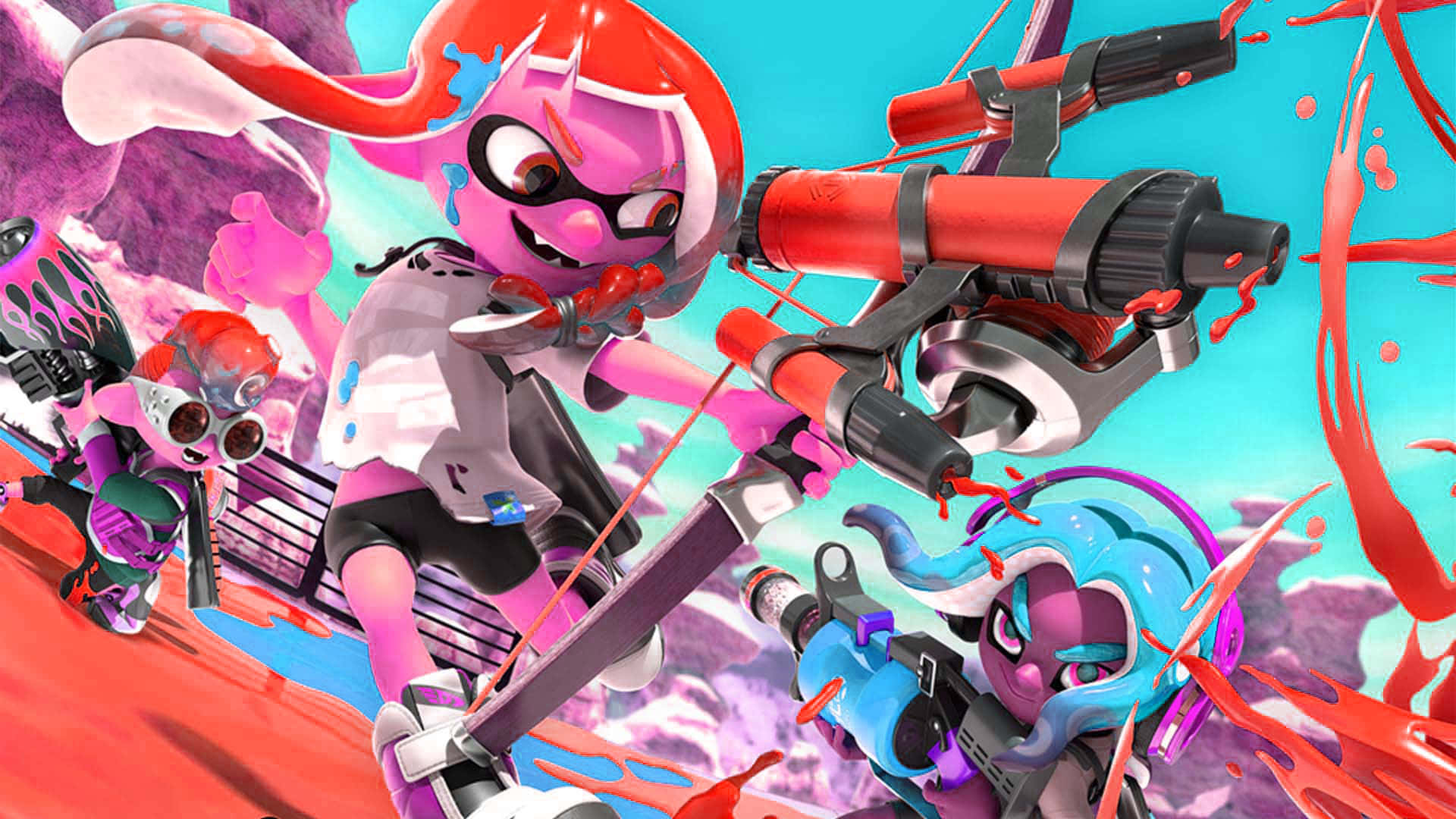 splatoon 桌布 壁紙 — 三個來自斯普拉遁的鮮豔墨水角色，在爆炸性的紅色和藍色墨水飛濺中，用超大槍械戰鬥。