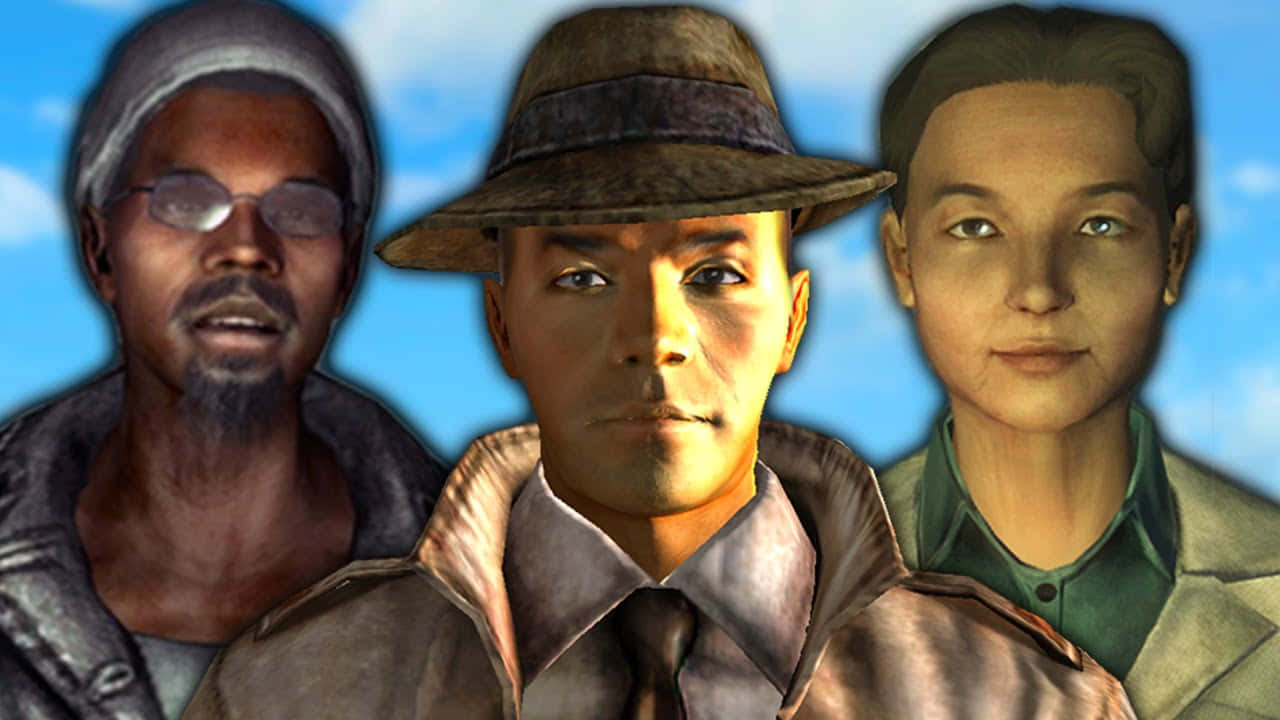 Fallout Characters 桌布 壁紙 — 三個來自電子遊戲的不同角色站在明亮的藍天和柔軟的雲朵前。