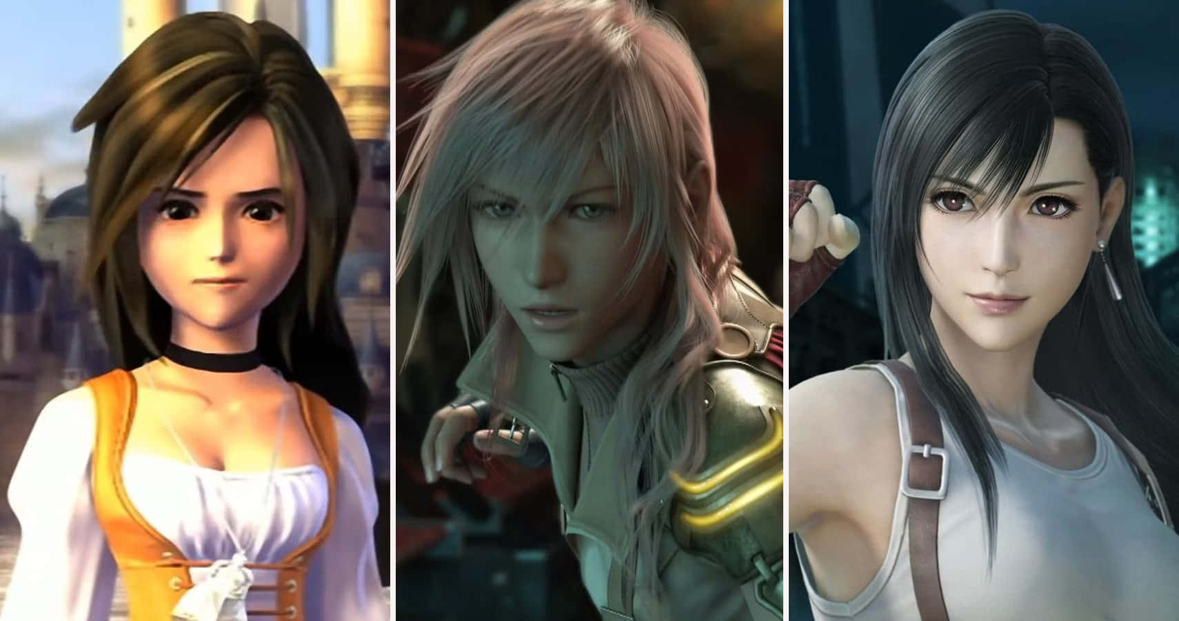 Final Fantasy Characters 桌布 壁紙 — 三個來自電子遊戲的動漫風格女性角色，以特寫鏡頭展示，具有細緻的面部表情和獨特的服裝。