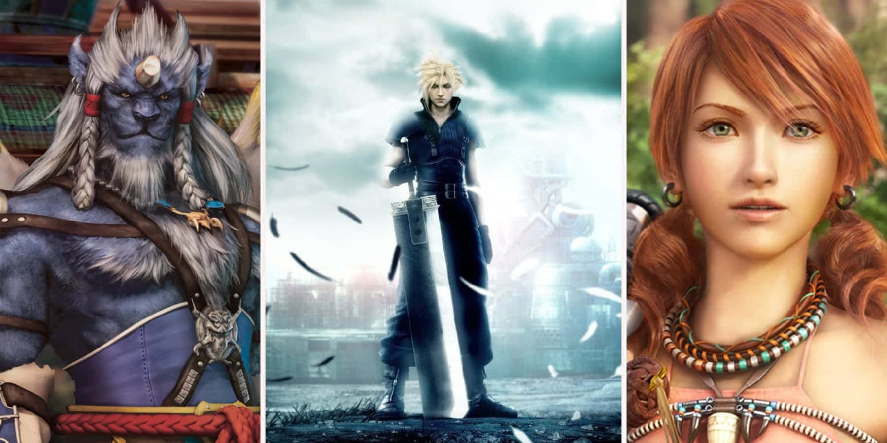Final Fantasy Characters 桌布 壁紙 — 三個來自電子遊戲的奇幻角色：藍皮膚的獸人、暴風雨中的金髮劍士，以及佩戴部落珠寶的紅髮女子。