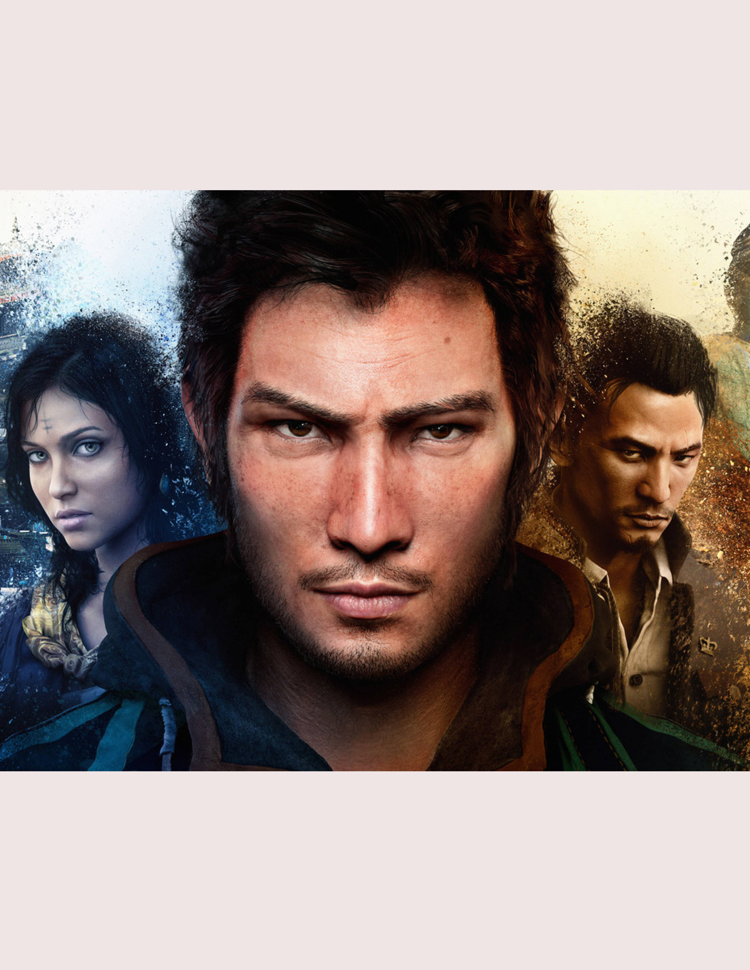 far cry iPhone 桌布 壁紙 — 三個來自電子遊戲的強烈角色，在破碎的背景前以粗獷的寫實風格直視前方。