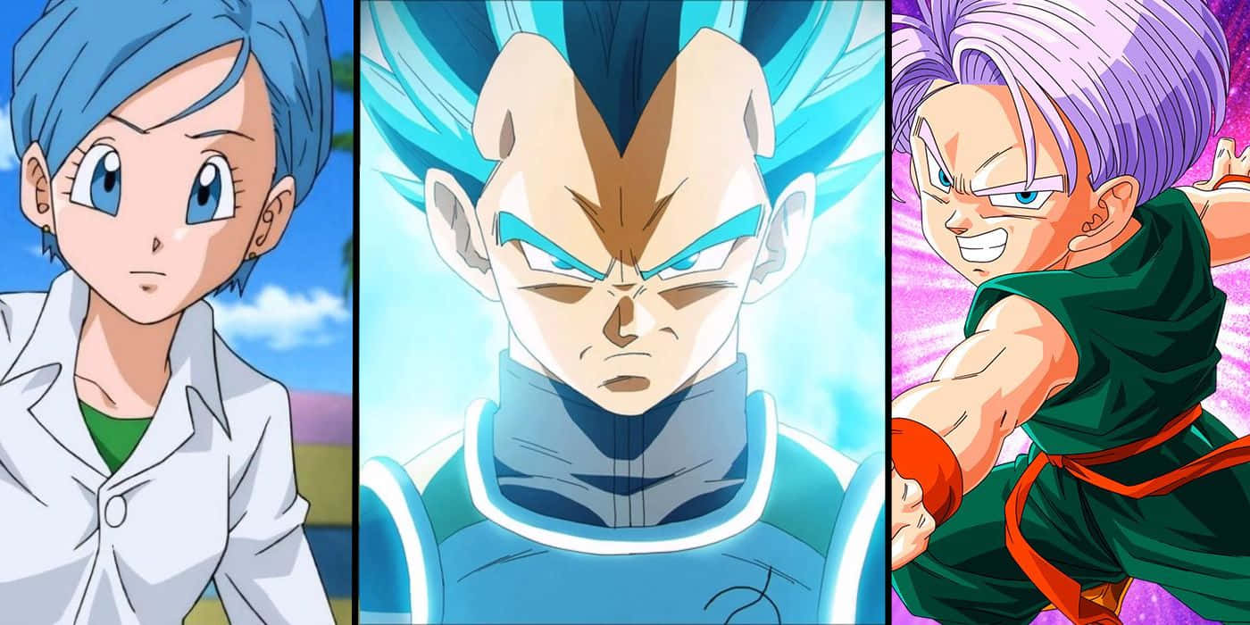 Vegeta And Trunks 桌布 壁紙 — 三個來自龍珠Z的動漫角色以動態姿勢呈現，色彩鮮豔，表情強烈。