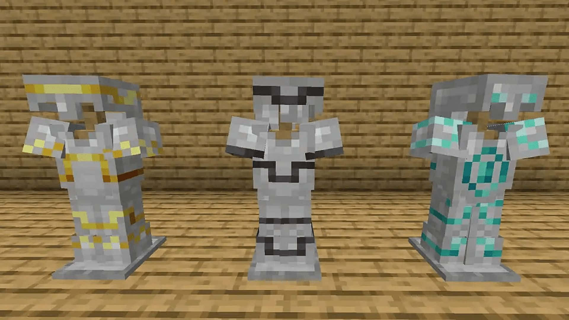 Minecraft Armor 桌布 壁紙 — 三個像素化嘅Minecraft盔甲套裝並排企喺木地板上面，背景係磚牆。