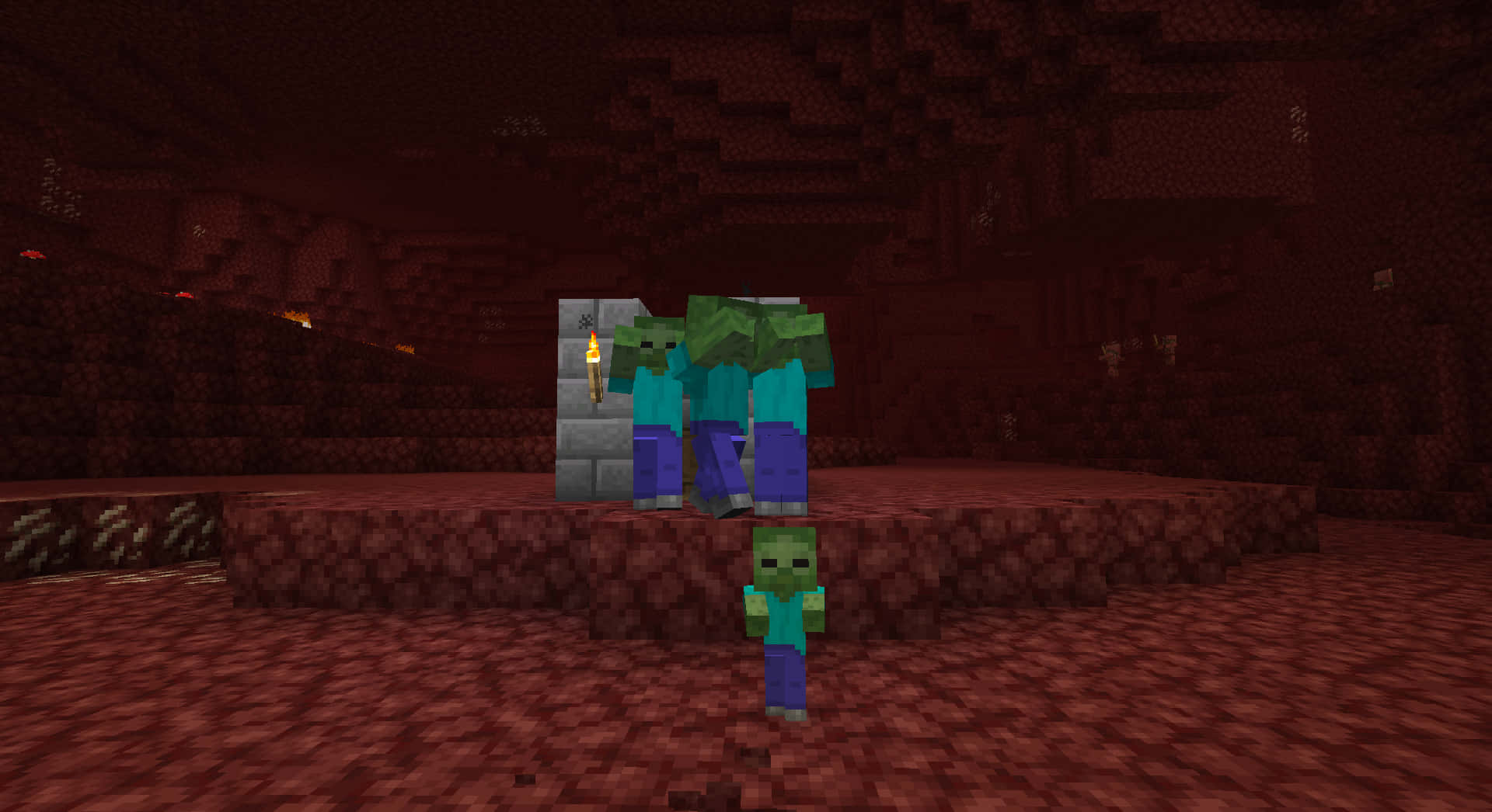 Minecraft Zombie 桌布 壁紙 — 三個像素化嘅喪屍企喺昏暗嘅紅色地獄堡壘入面，火炬喺方塊牆上投射出閃爍嘅光。