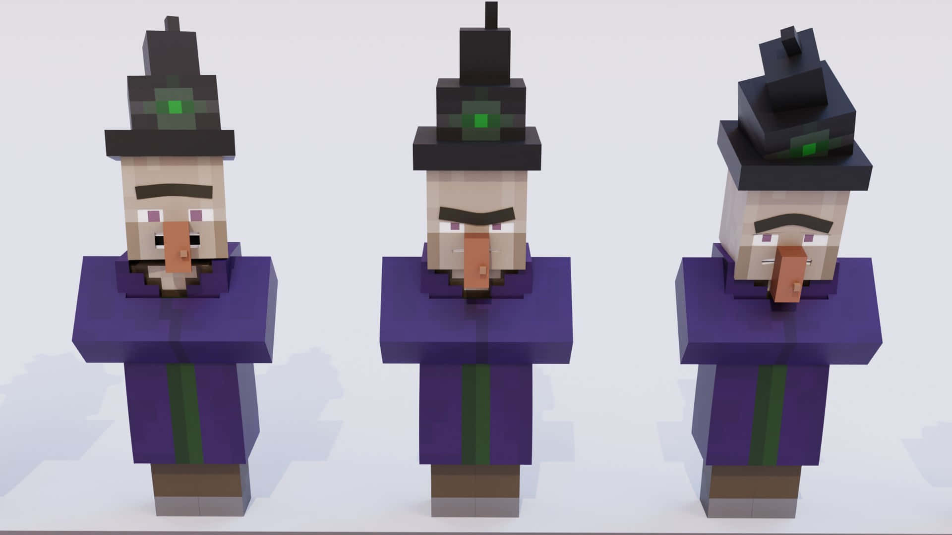 Minecraft Witch 桌布 壁紙 — 三個像素化嘅女巫角色，著住紫色長袍同黑色帽，排成一排企喺純白色背景前面。