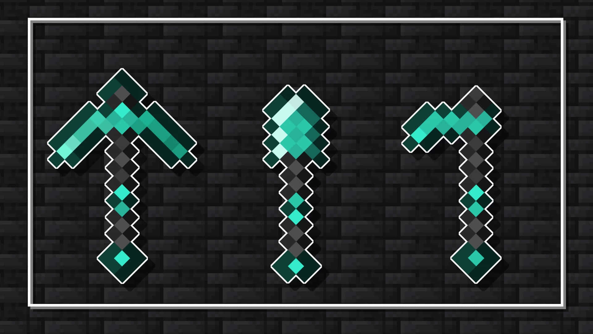 Minecraft Weapons 桌布 壁紙 — 三個像素化嘅鑽石工具，以Minecraft風格展示喺深色磚牆背景上。