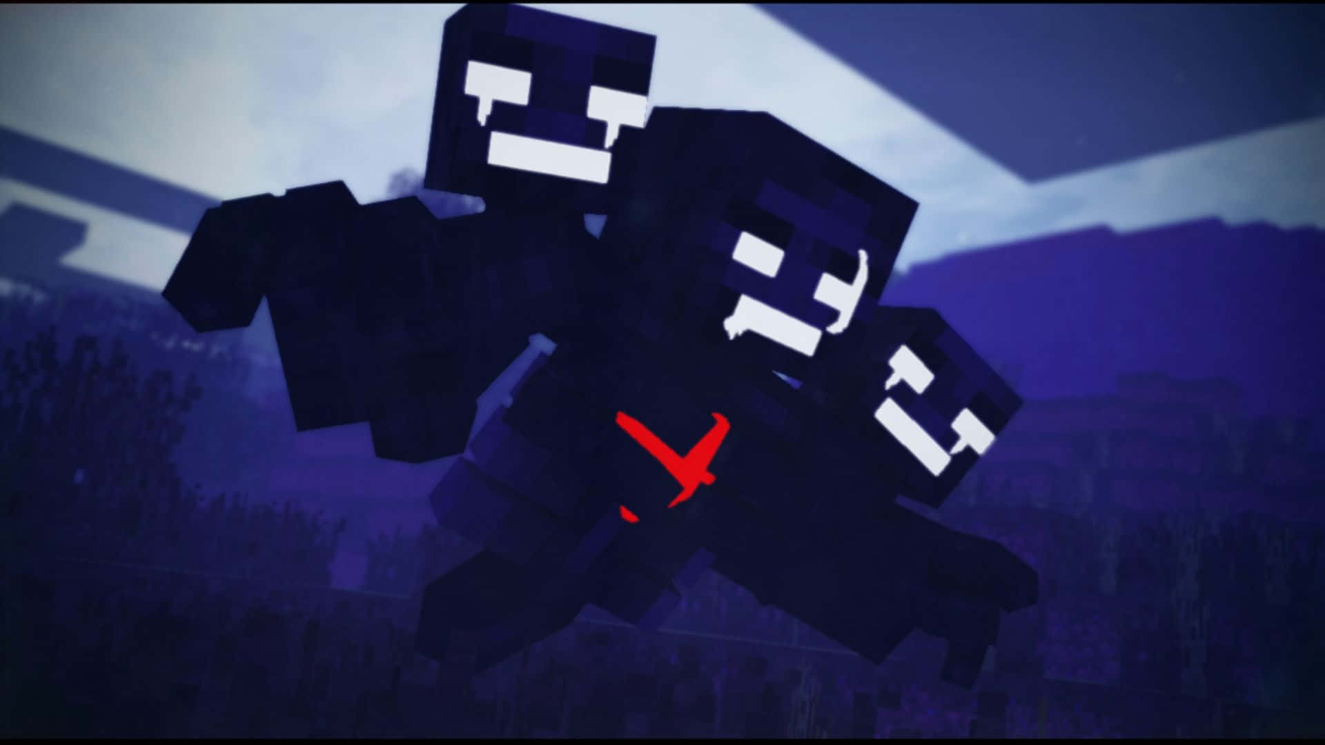 Minecraft Wither 桌布 壁紙 — 三個像素化的 Minecraft 殭屍，有著發光的白色眼睛和胸前的紅色十字架，漂浮在深紫色的暮光森林中。