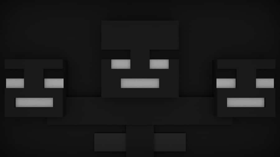 Minecraft Wither Boss 桌布 壁紙 — 三個像素化的Minecraft喪屍，眼睛發出白光，站在黑暗的單色場景中。