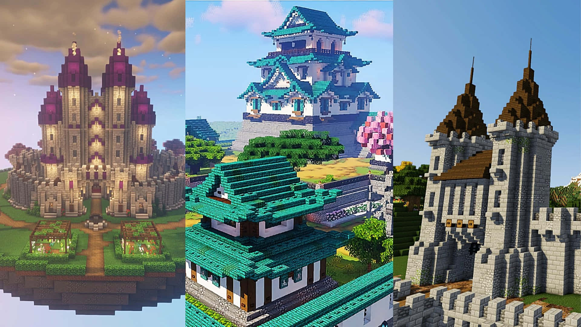 Minecraft Castles 桌布 壁紙 — 三個像素化的Minecraft城堡，具有不同的建築風格，漂浮或站立在草地上，天空多雲。