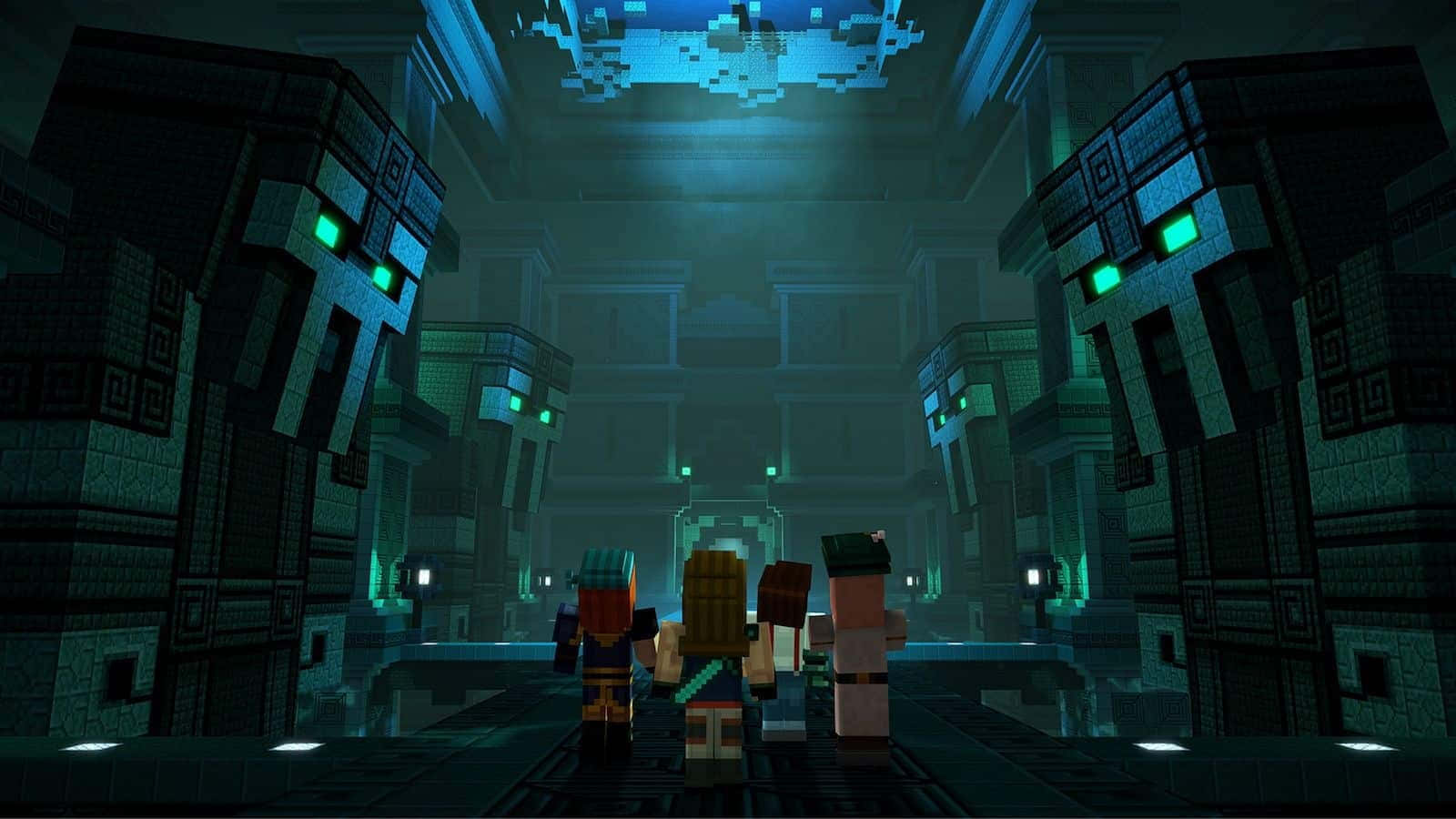 Minecraft Adventure 桌布 壁紙 — 三個像素化的Minecraft角色站在燈光昏暗的寺廟中，兩側是發光的綠色石像守衛。