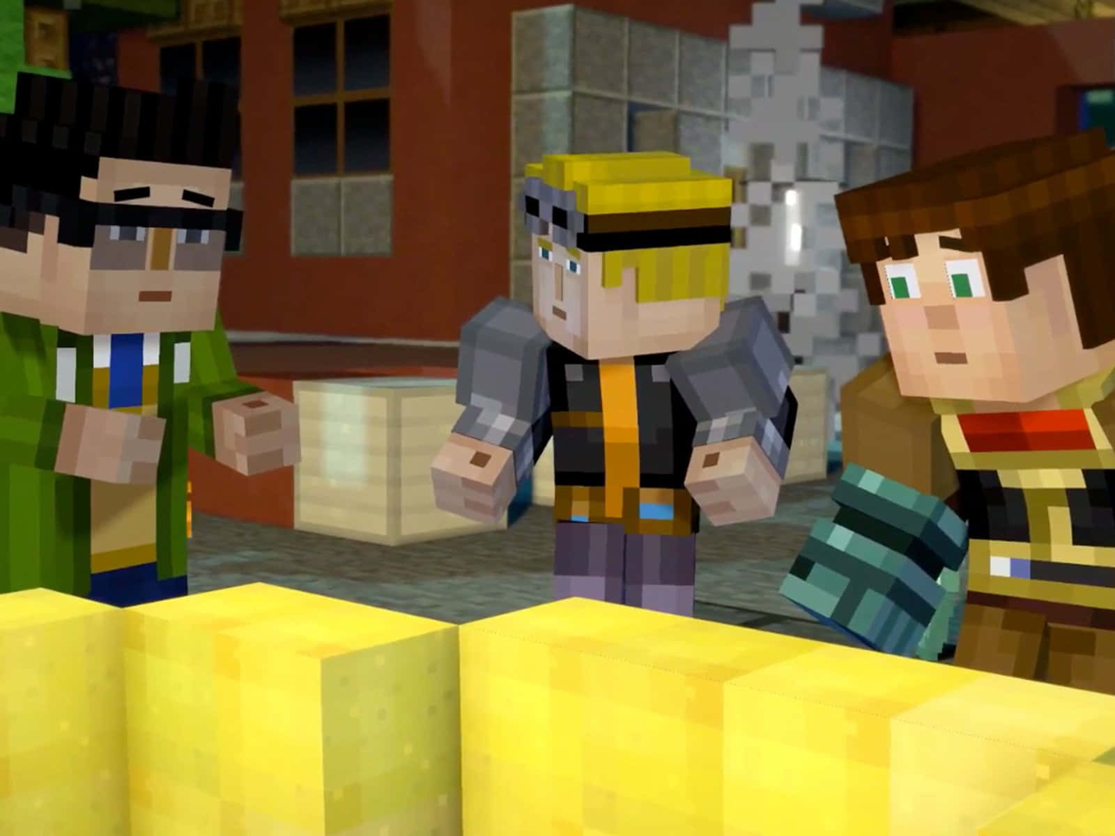 Minecraft Story Mode 桌布 壁紙 — 三個像素化的Minecraft角色站在一個塊狀的城市場景中，前景有黃色方塊。