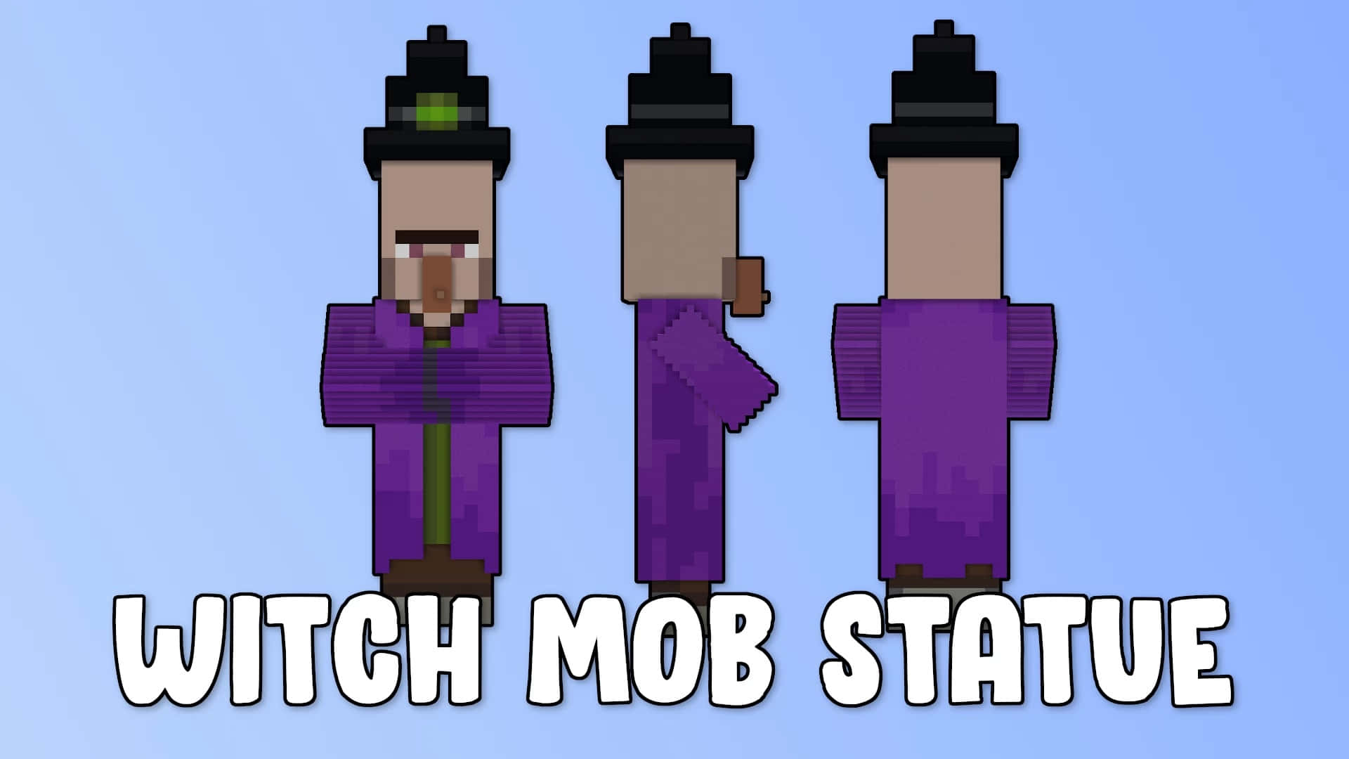 Minecraft Witch 桌布 壁紙 — 三個像素化的女巫生物雕像，身穿紫色長袍和黑色帽子，站在淺藍色漸變背景前。