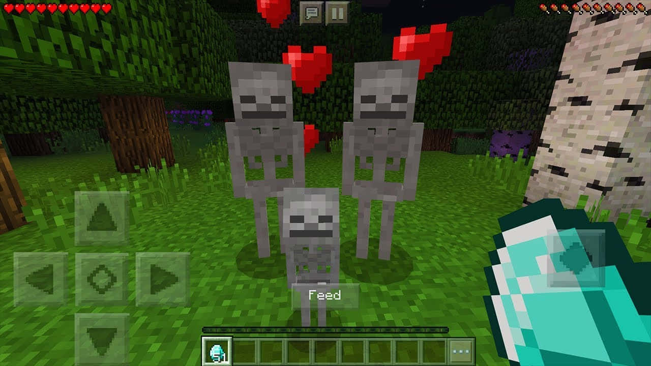 Minecraft Skeleton 桌布 壁紙 — 三個像素化的骷髏站在長滿草的Minecraft森林中，上方有漂浮的心形。