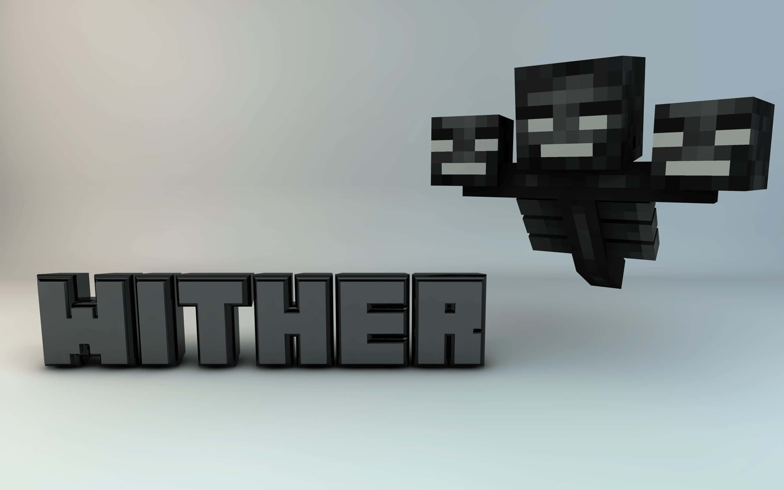 Minecraft Wither 桌布 壁紙 — 三個像素化的黑色凋零怪在漸變灰色背景上，於塊狀3D字母WITHER上方盤旋。