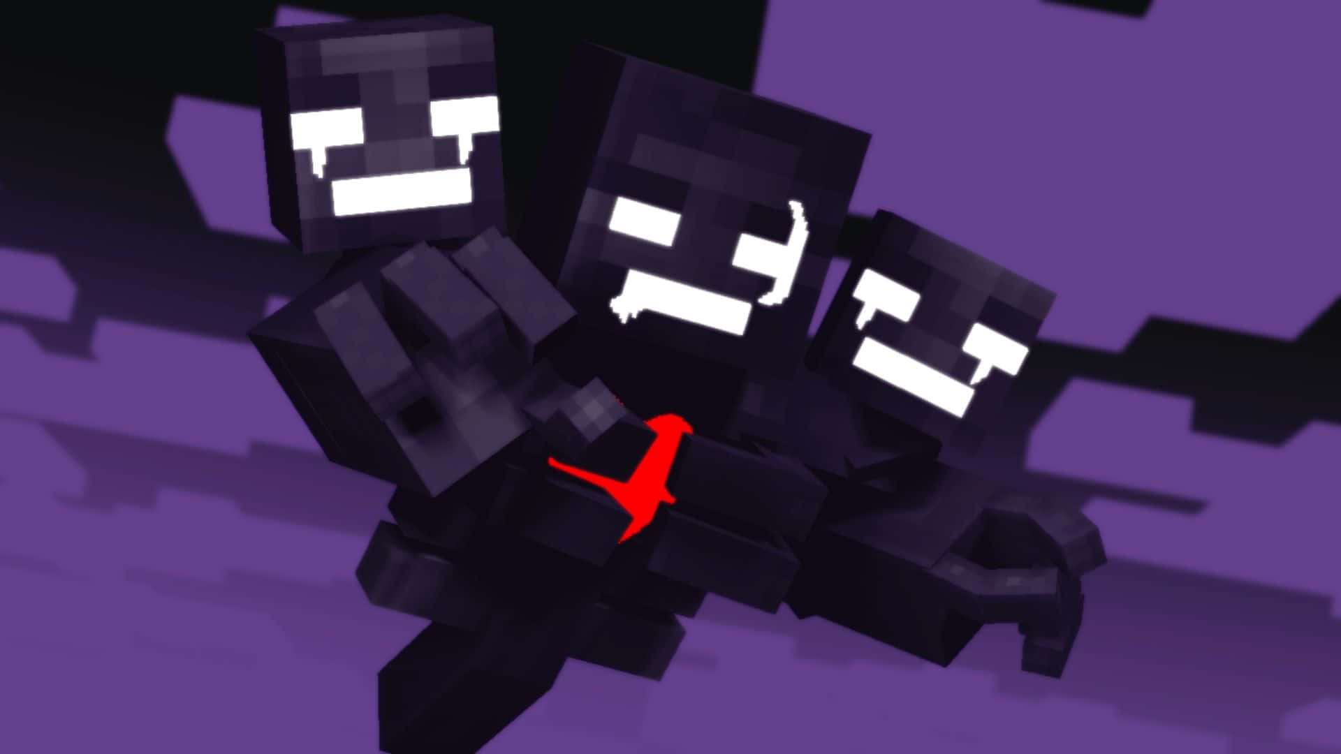 Minecraft Wither 桌布 壁紙 — 三個像素化的黑色生物，有著發光的白色眼睛，其中一個胸口有紅色箭頭，漂浮在紫色背景上。