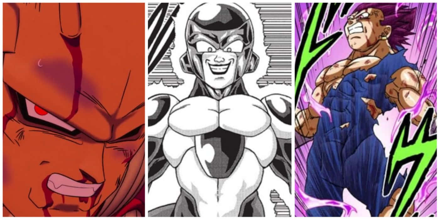 Vegeta And Frieza 桌布 壁紙 — 三個充滿動感的動漫角色，姿勢動感十足，色彩鮮豔，漫畫線條大膽。