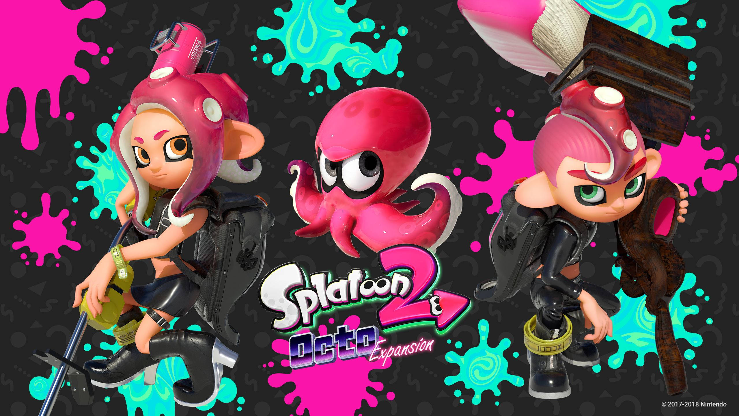 Splatoon 2 Octo Expansion Agent 8 壁紙 — 三個充滿活力的Splatoon 2角色和一隻章魚在深色背景上濺出螢光粉紅和藍綠色墨水。
