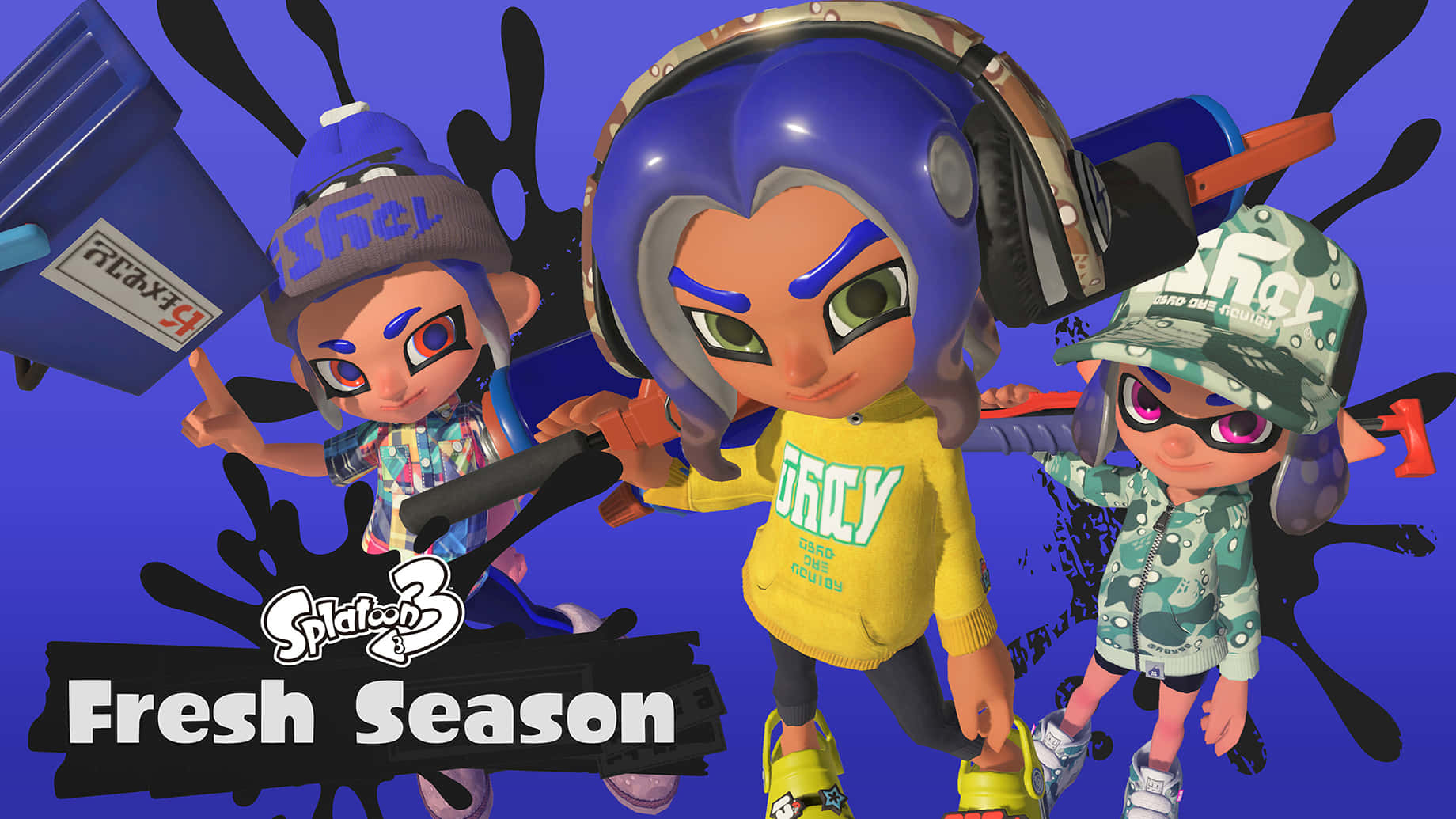 splatoon 桌布 壁紙 — 三個充滿活力的Splatoon 3角色在帶有黑色墨水飛濺的醒目藍色背景前動態擺姿勢。