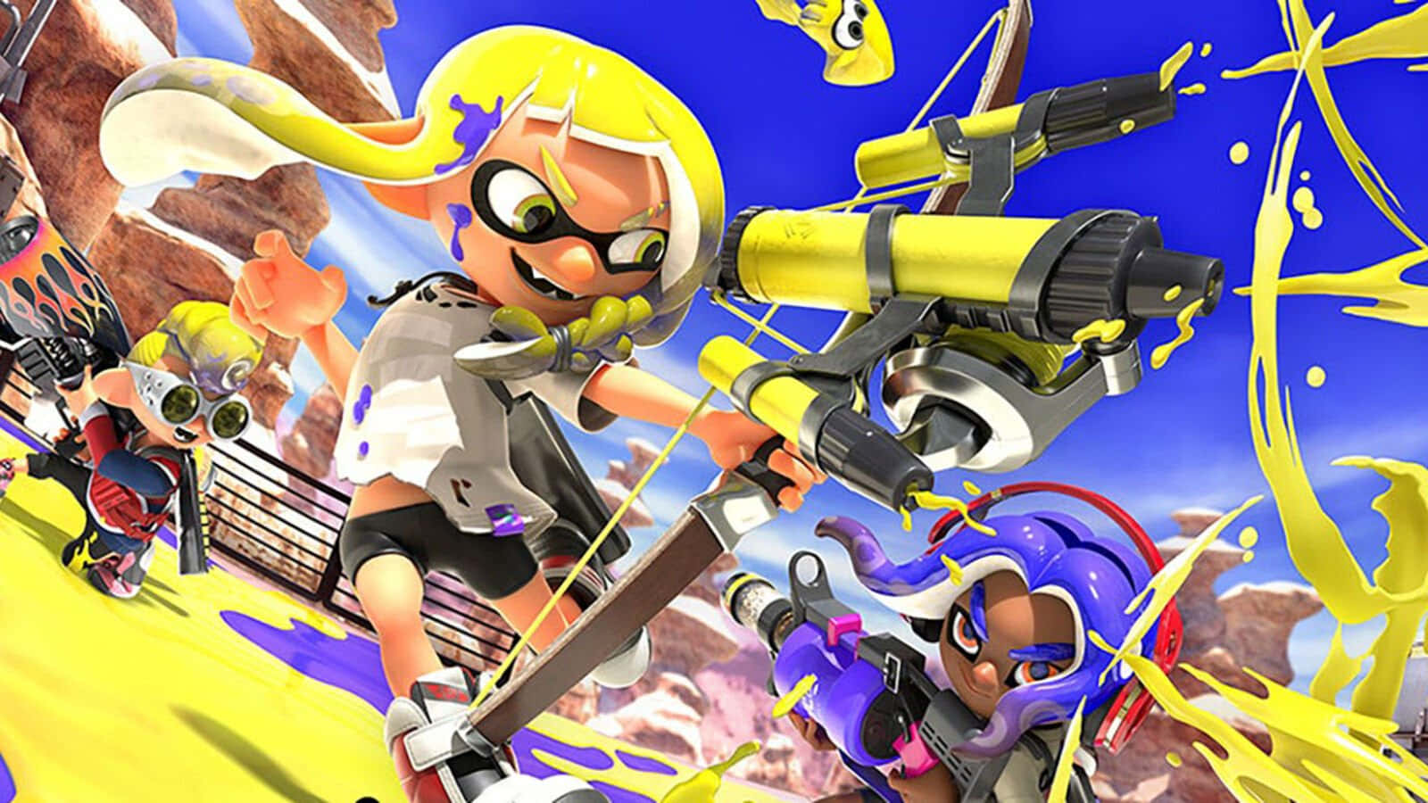 splatoon 桌布 壁紙 — 三個充滿活力的墨水飛濺角色在動態動作姿勢中揮舞著油漆槍，背景是明亮的藍天和岩石地形。