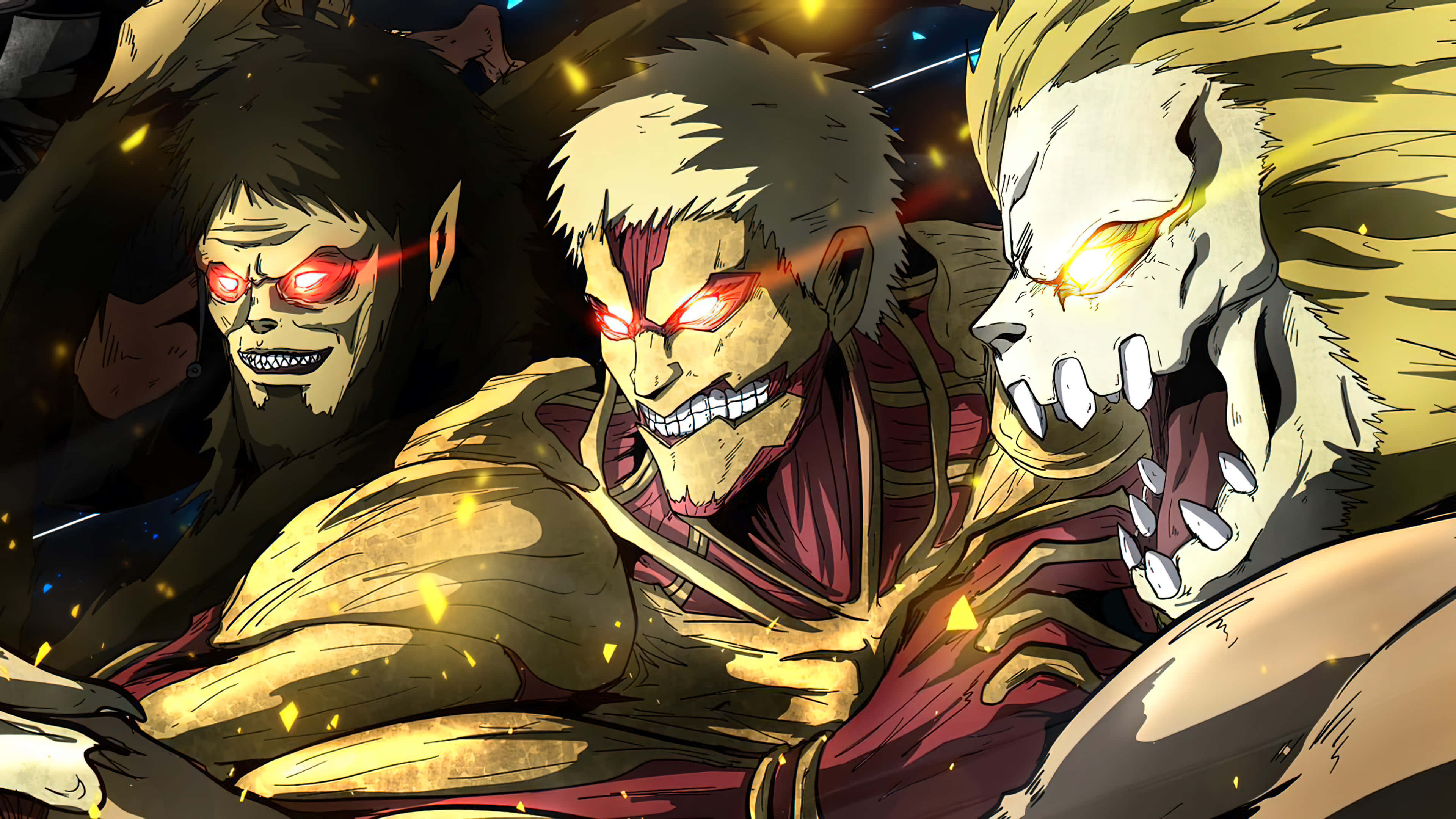 Armored Titan 桌布 壁紙 — 三個兇猛的動畫巨人，眼睛發光，肌肉發達，在動態的戰鬥場景中碰撞。