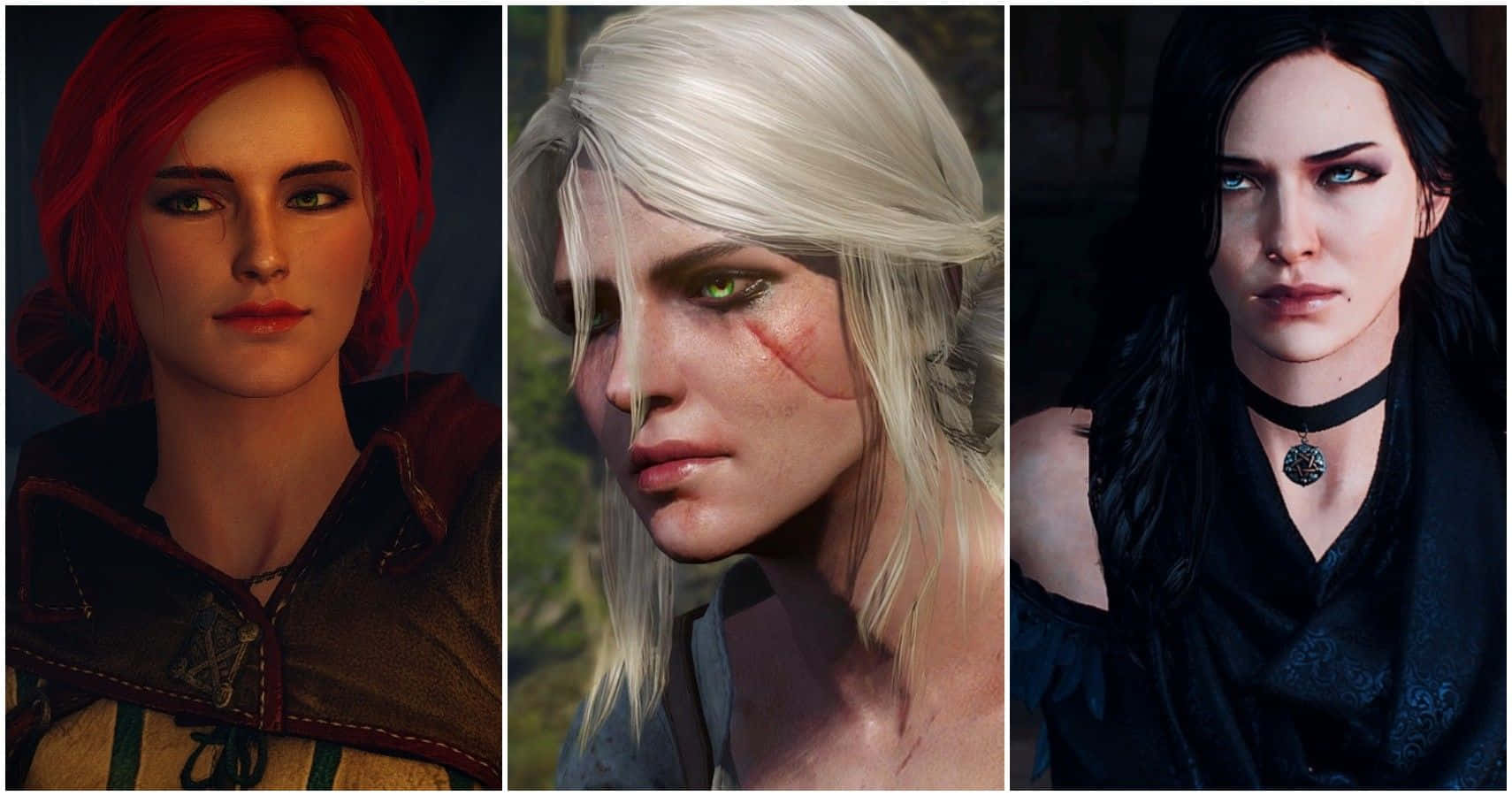 The Witcher Characters 桌布 壁紙 — 三個兇猛的奇幻角色，擁有不同的髮色和精緻的服裝，正強烈地凝視著觀眾。