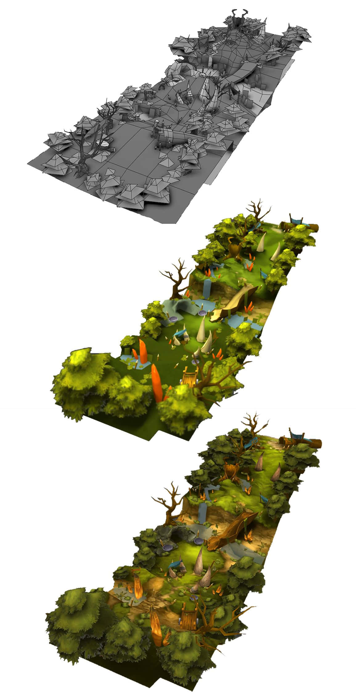 Gaming Art 桌布 壁紙 — 三個分層的3D渲染遊戲地圖瓦片，顯示從線框到茂密森林（有樹木、路徑和發光元素）的進展。