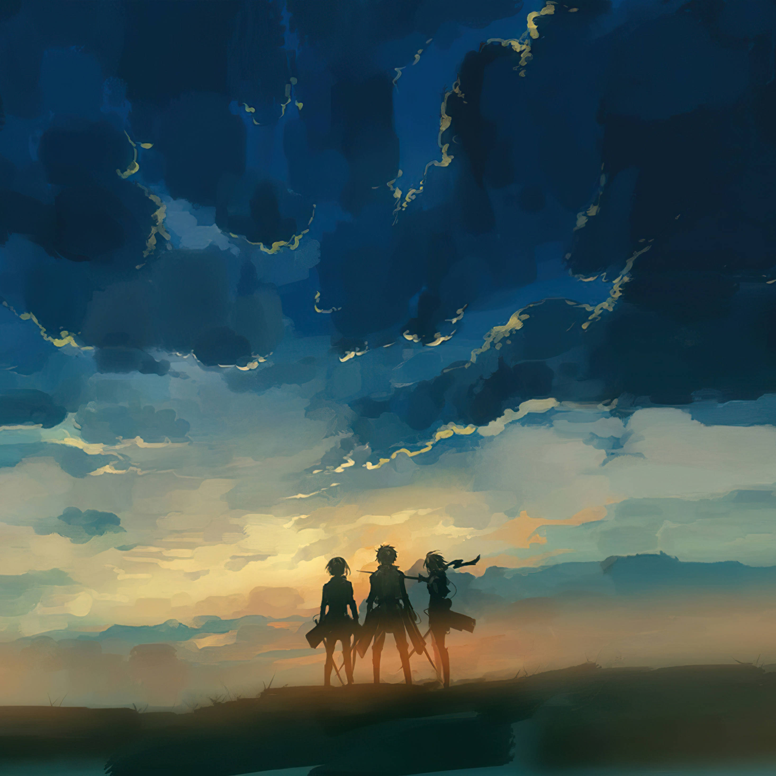 Anime iPad 桌布 壁紙 — 三個剪影人物站在懸崖頂上，觀賞壯麗的日落將天空染成深藍和溫暖的金色。