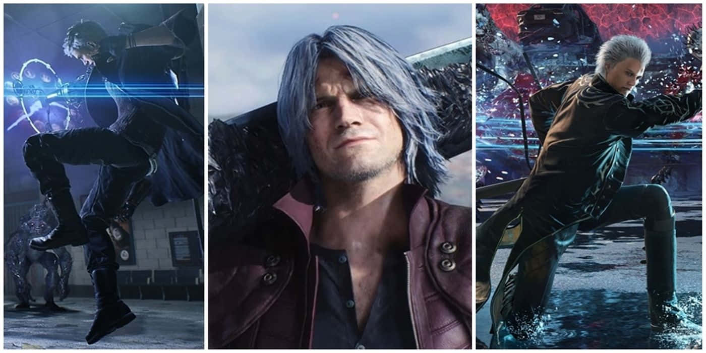 Devil May Cry Characters 桌布 壁紙 — 三個動態面板，展示《Devil May Cry》中的但丁，以發光武器和戲劇性燈光擺出戰鬥姿勢。