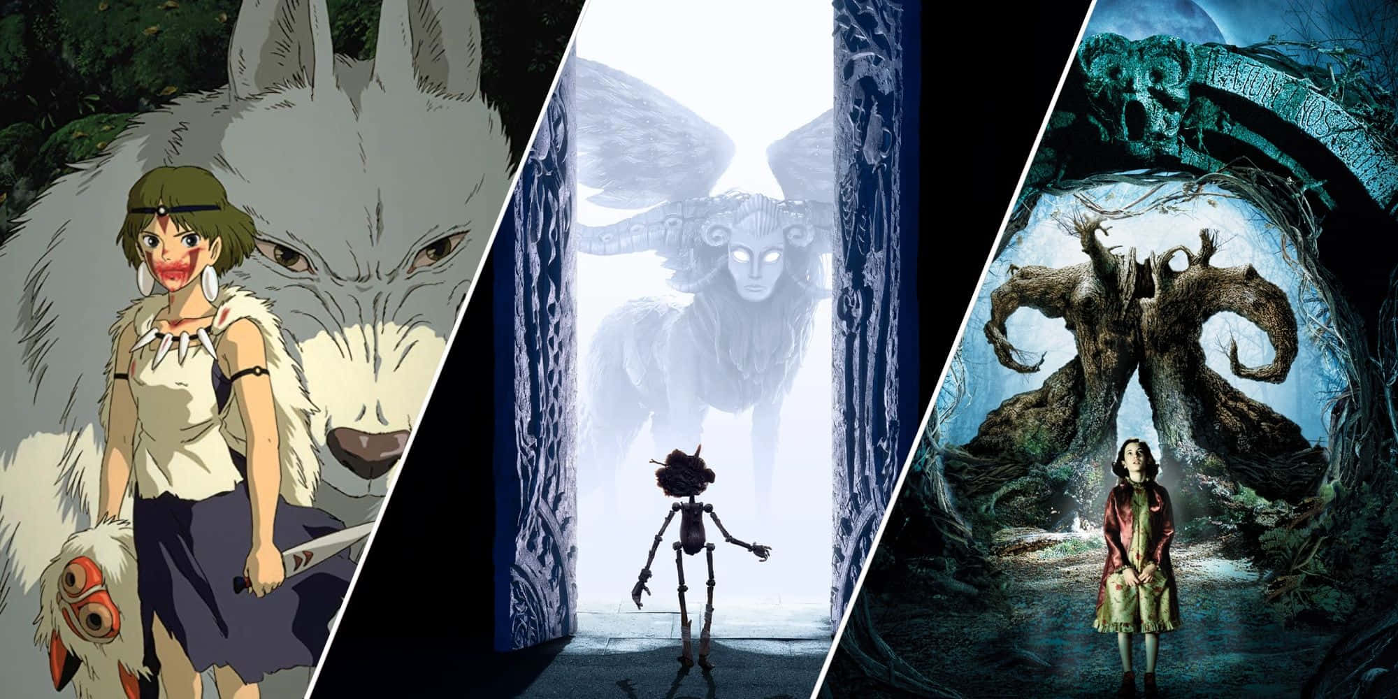 Dark Tales 桌布 壁紙 — 三個動漫場景：女孩與狼、發光天使前的小身影、以及面對扭曲樹靈的孩子。
