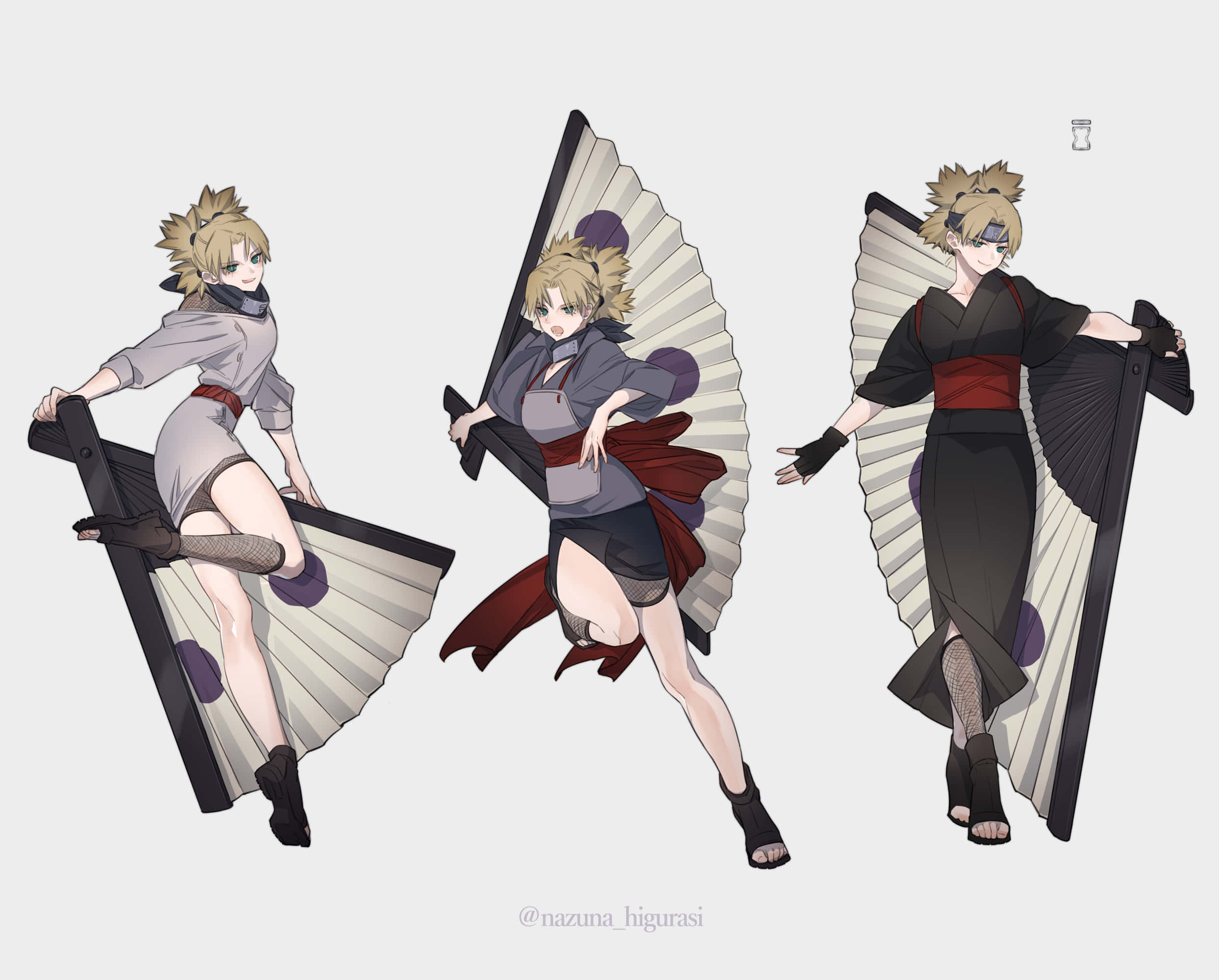 Temari 桌布 壁紙 — 三個動漫女孩以動態姿勢揮舞著帶有紫色點綴的大型華麗扇子，背景為純色。
