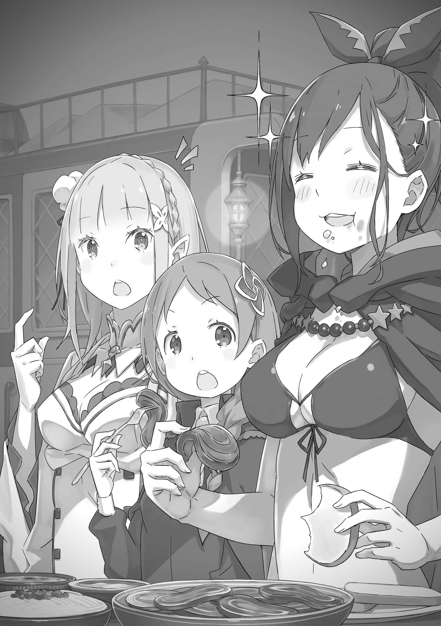 Meili Portroute 桌布 壁紙 — 三個動漫女孩在單色插圖中，在餐桌前吃東西時露出驚訝的反應。