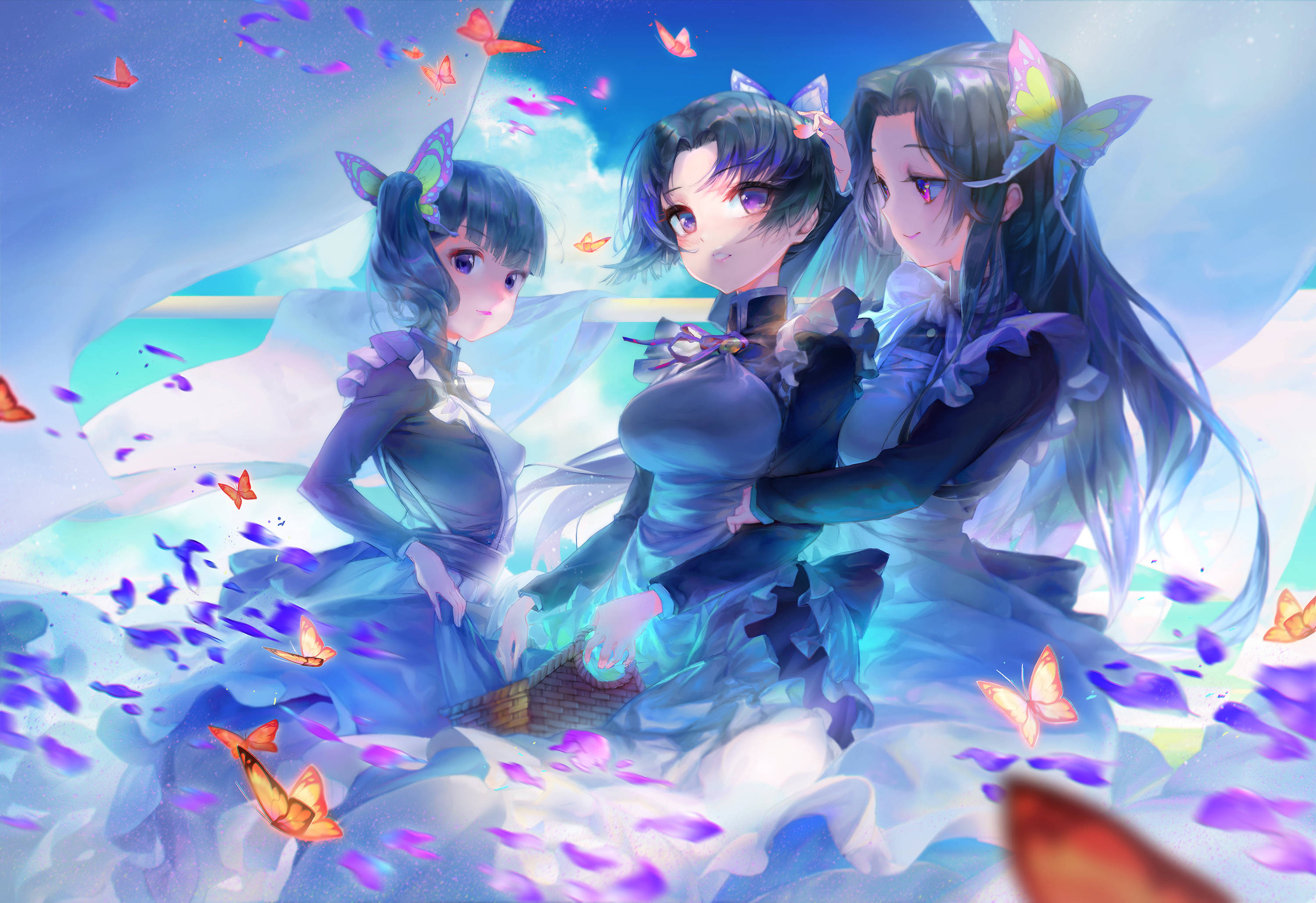 Shinobu and sisters of the Demon Slayer Corps 壁紙 — 三個動漫女孩穿著飄逸的藍色連衣裙，坐在明亮的天空下，周圍漂浮著蝴蝶和花瓣。