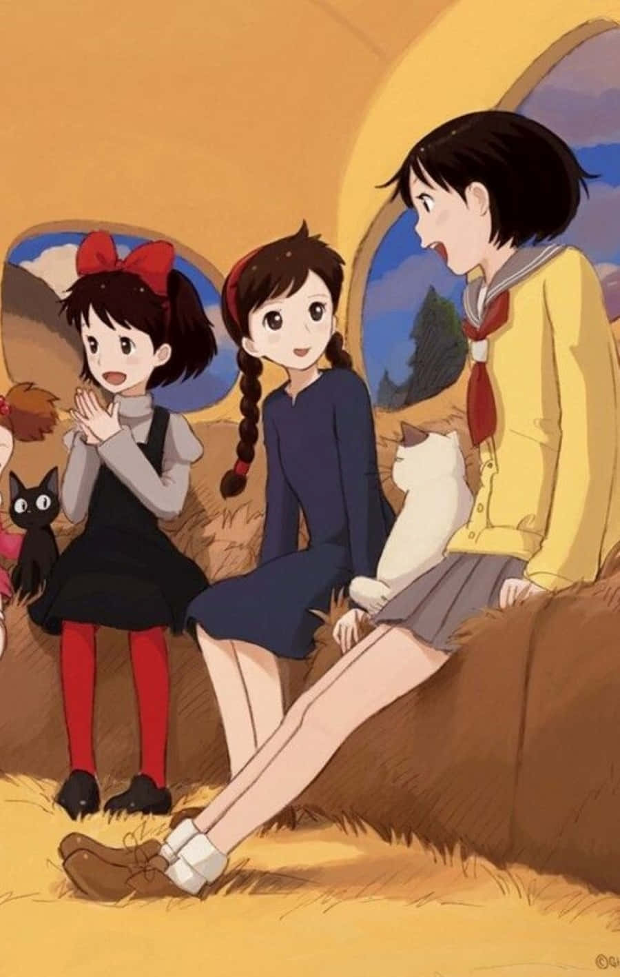 Whisper Of The Heart 桌布 壁紙 — 三個動漫女孩與貓咪坐在溫暖金色圓頂內的乾草捆上，微笑聊天。