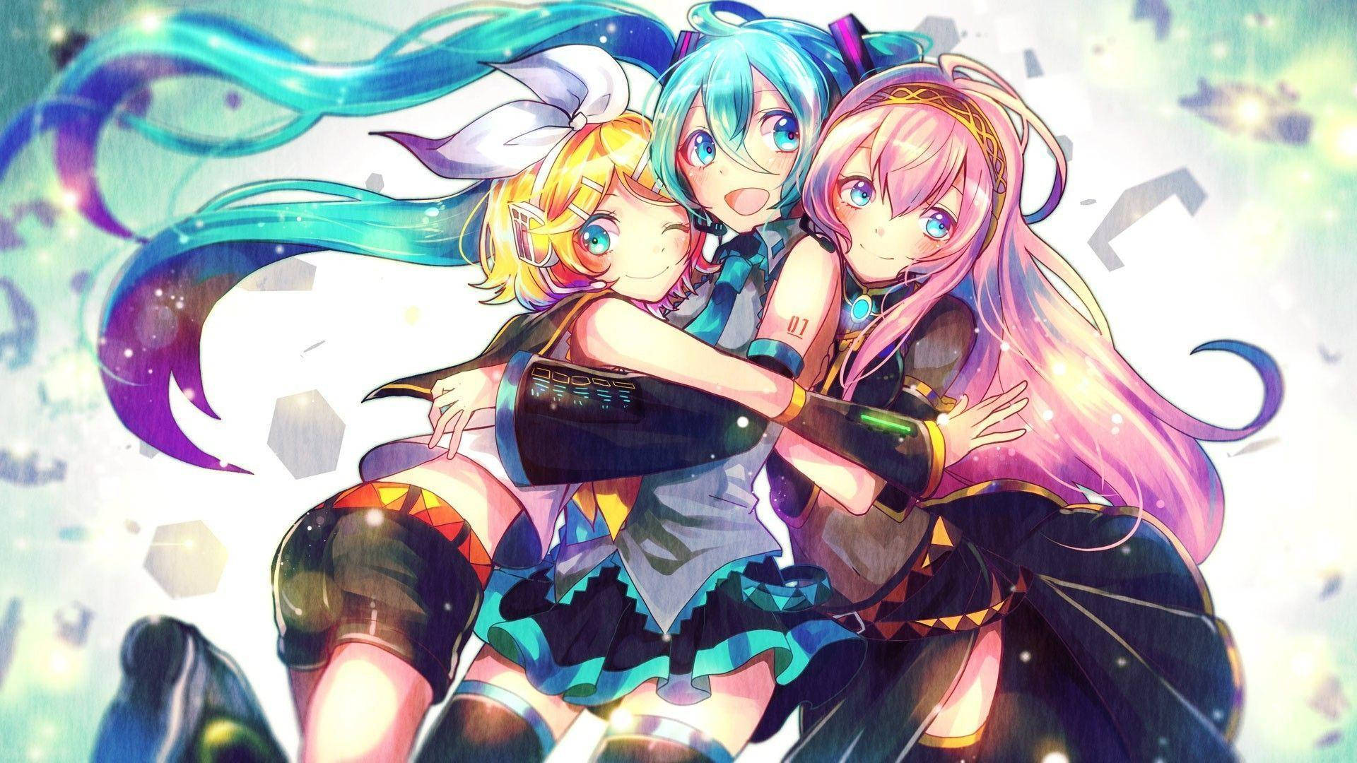 三個動漫少女互相擁抱 壁紙