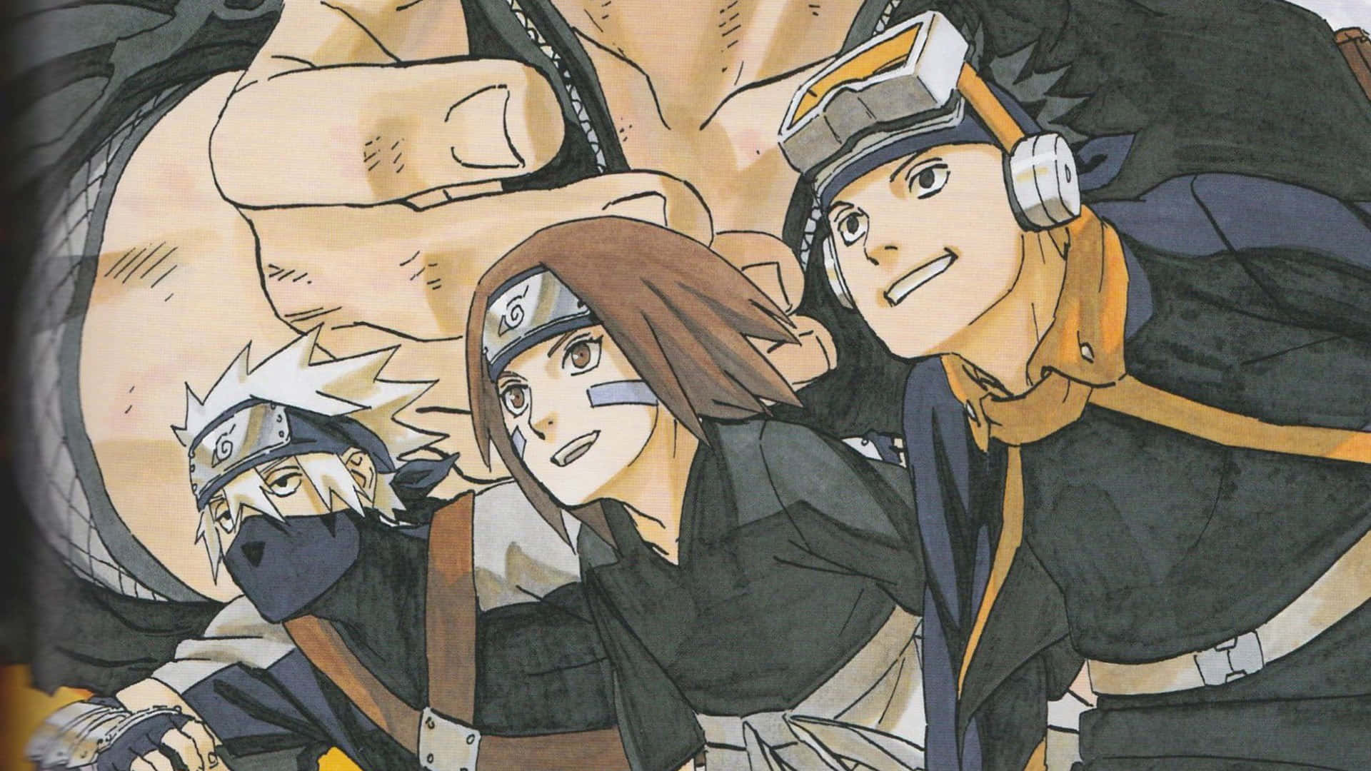 Kakashi And Tobi 桌布 壁紙 — 三個動漫忍者角色以動態姿勢展現堅定表情和詳細制服。