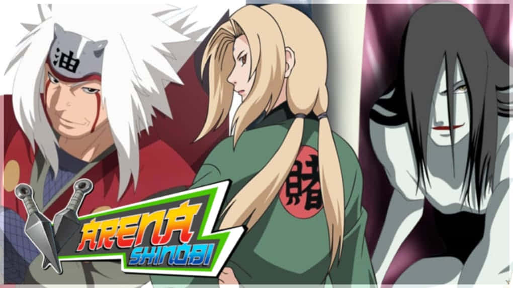 Legendary Sannin 桌布 壁紙 — 三個動漫忍者角色以戲劇性的姿勢站立，前面有一個大膽的「Arena Shinobi」標誌。