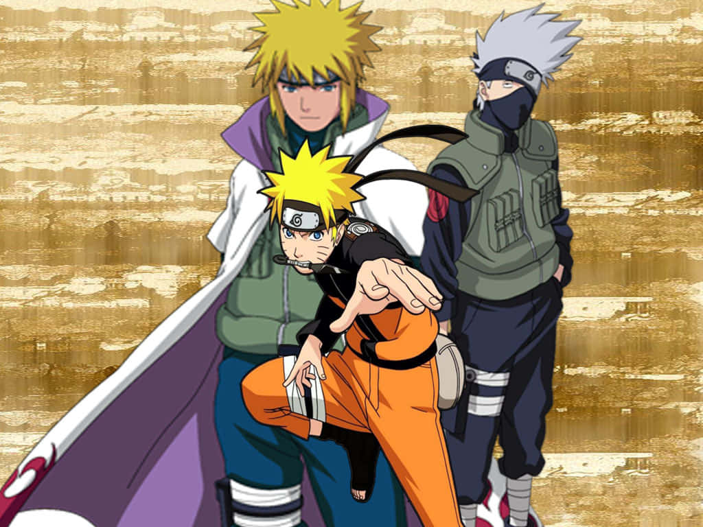 Kakashi And Minato 桌布 壁紙 — 三個動漫忍者角色在帶有紋理的金色背景上以鮮明的輪廓和鮮豔的色彩動態擺姿勢。
