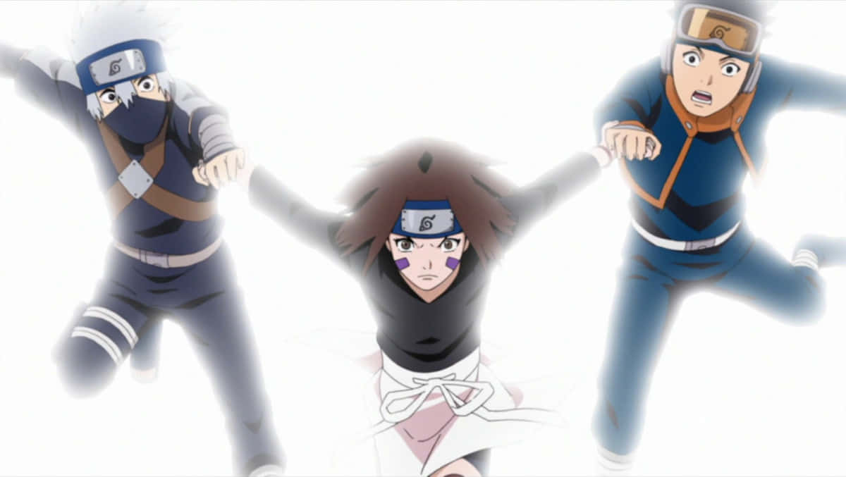 Kakashi And Rin 桌布 壁紙 — 三個動漫忍者角色在明亮的白色背景上擺出動態動作姿勢。