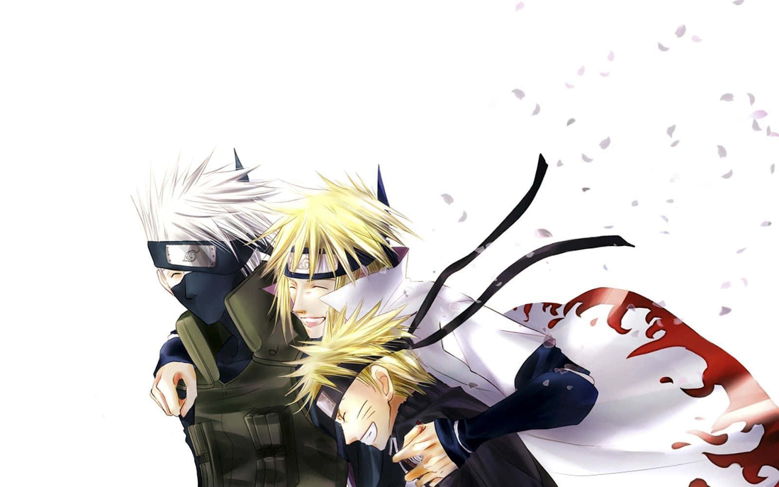Kakashi And Minato 桌布 壁紙 — 三個動漫忍者角色在白色背景上動態擁抱，櫻花花瓣飄落。
