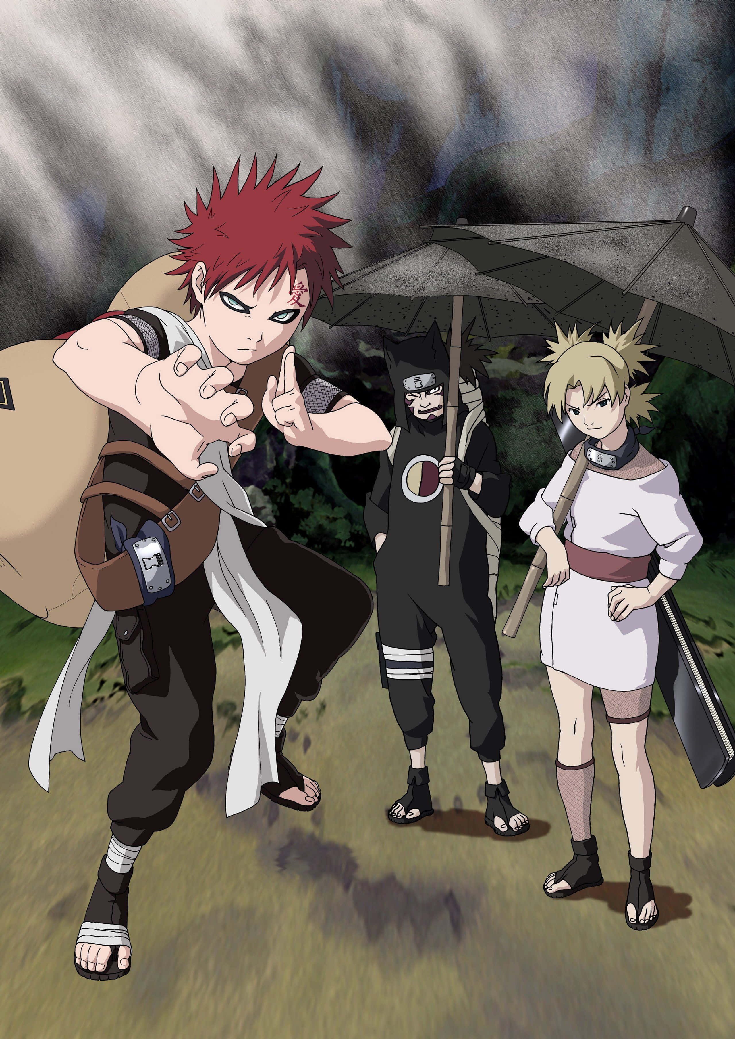 Kankuro 桌布 壁紙 — 三個動漫忍者角色站在風暴中的戶外場景，其中一個拿著雨傘，另一個擺出動態姿勢。