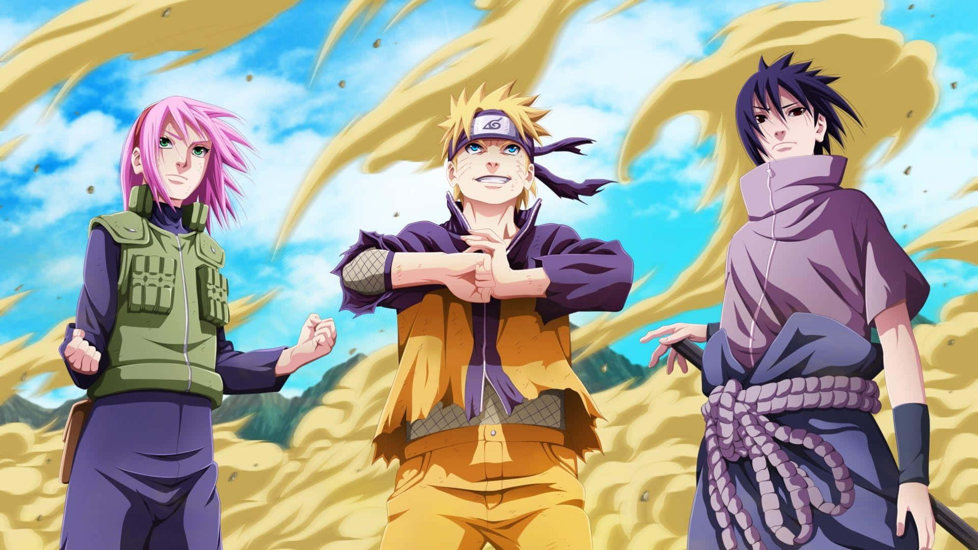 Naruto's Friend 桌布 壁紙 — 三個動漫忍者角色自信地站在一個充滿動態金色能量的天空前。