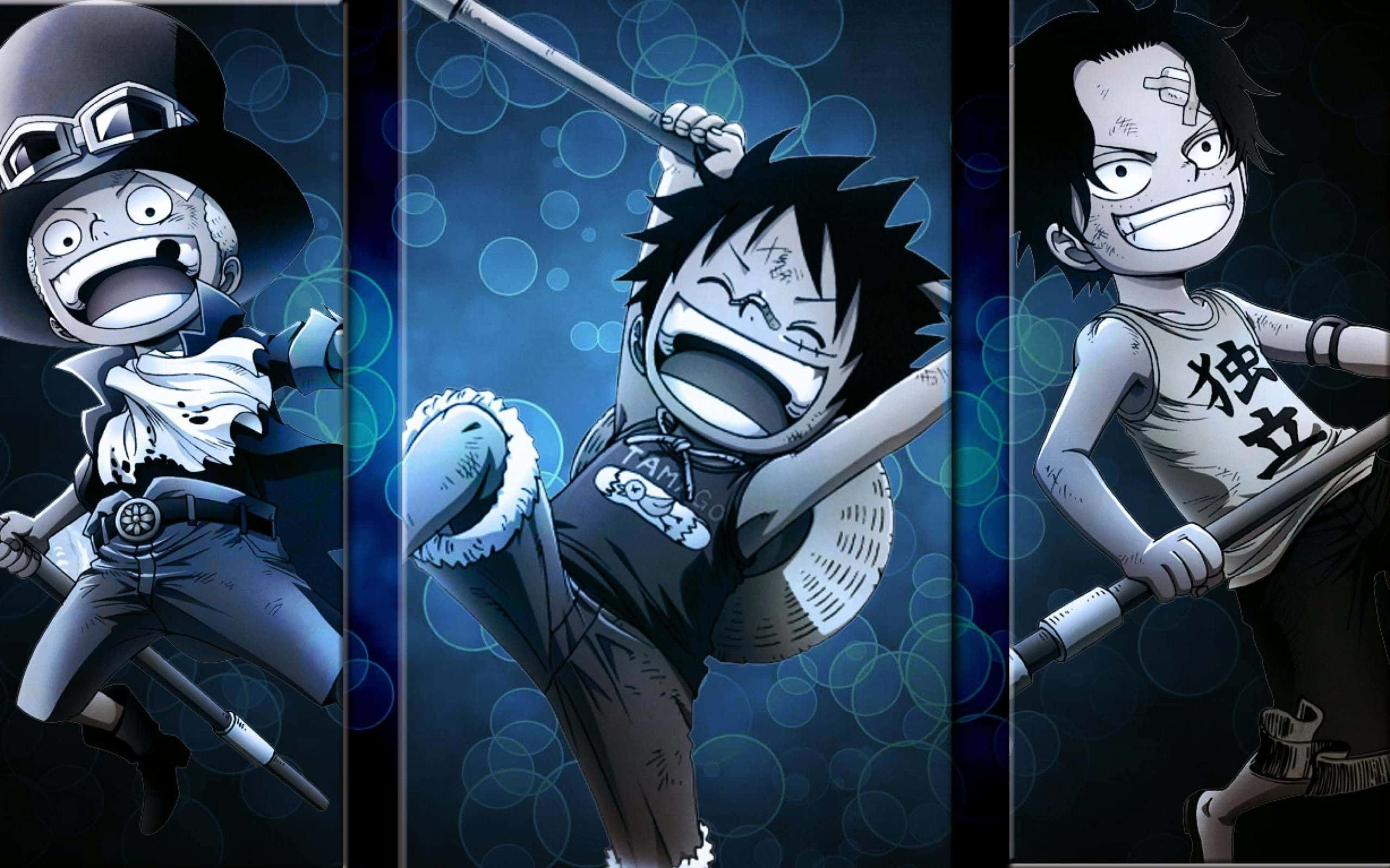 One Piece Characters 桌布 壁紙 — 三個動漫海盜以動態姿勢揮劍，背景為深藍色散景。