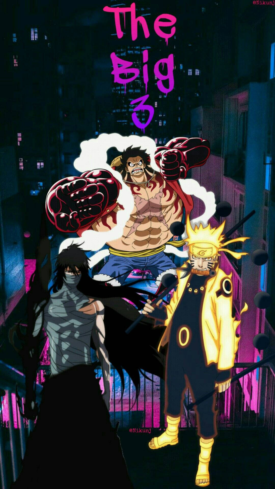 Bleach iPhone 桌布 壁紙 — 三個動漫英雄在霓虹燈閃爍的城市景觀中挑釁地站立，上方有發光的紫色文字。