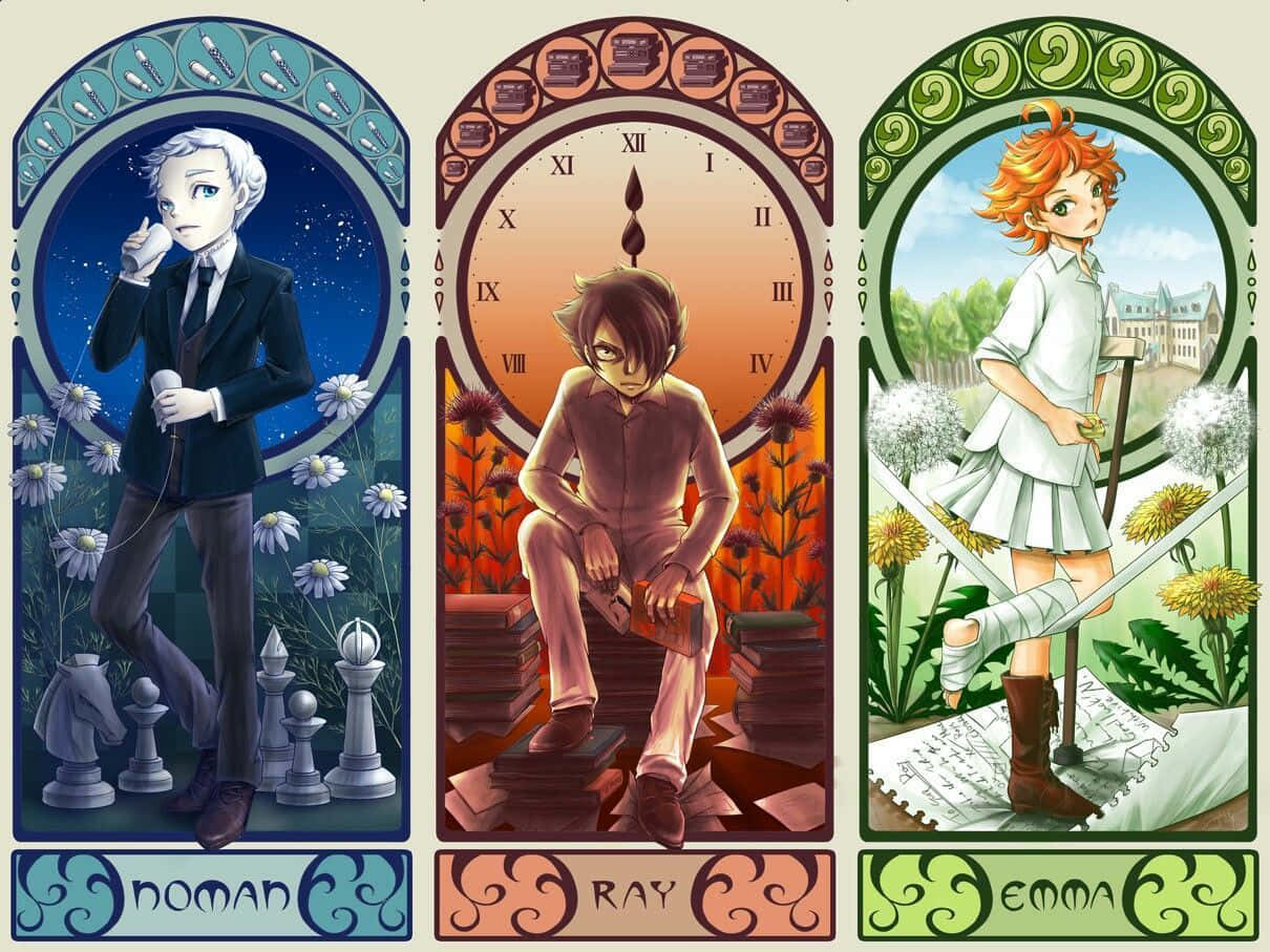 The Promised Neverland 桌布 壁紙 — 三個動漫角色，每個都位於華麗的拱形框架中，擁有獨特的設定和表情。